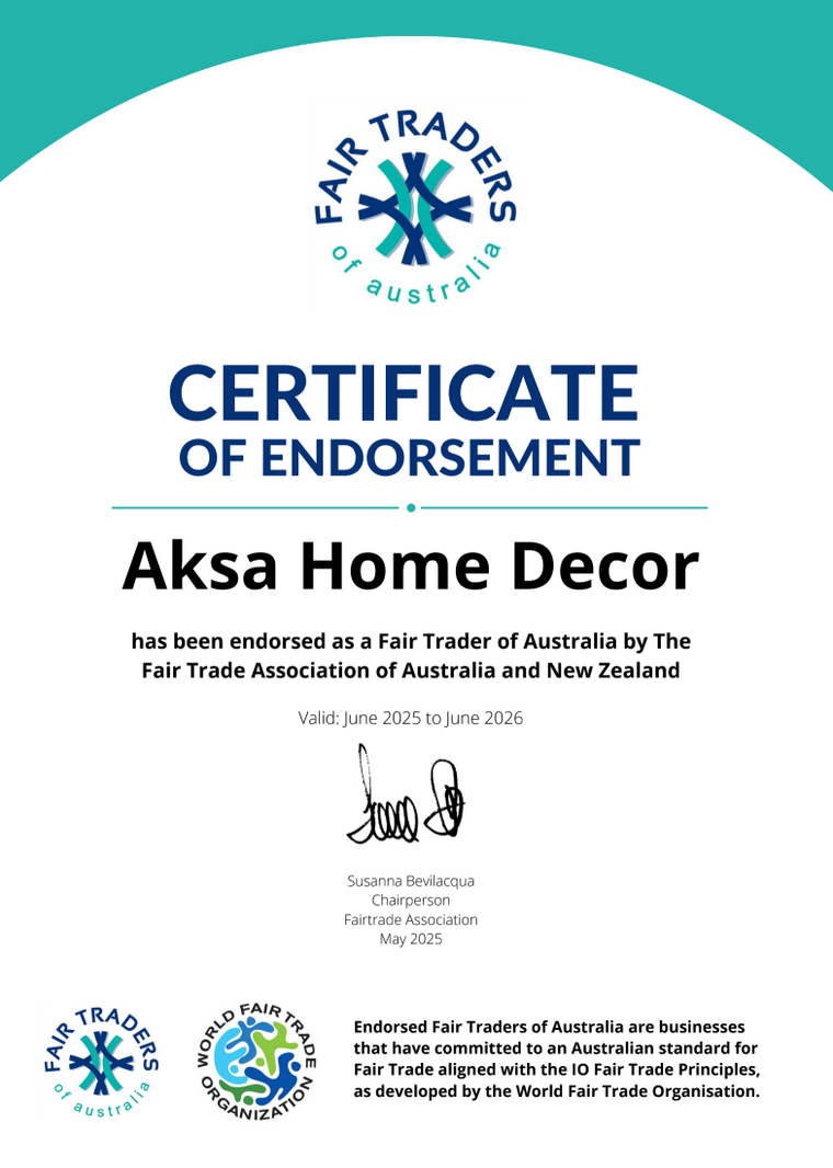 Certificate of endorsement for Aksa Home Decor by Fair Traders Australia with branding and certification logos.