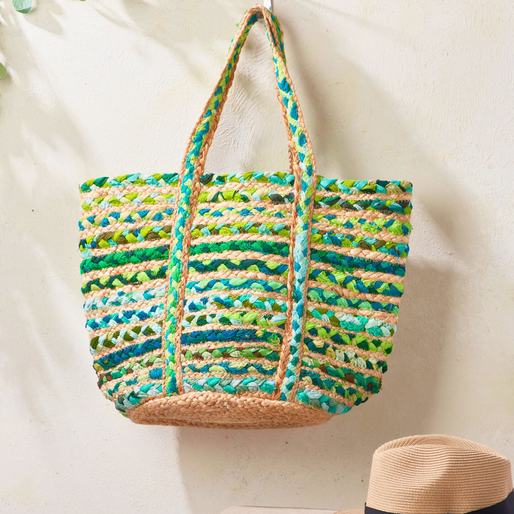 Green Cloth & Jute Tote Bag, Handmade Sustainable Shopping Bag - Aksa Home Decor 