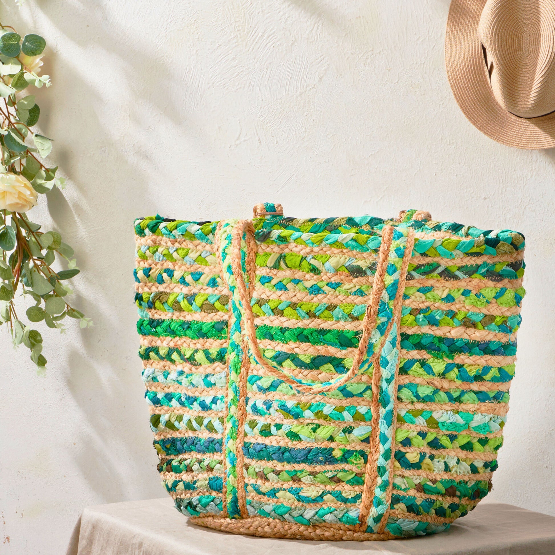 Green Cloth Jute Tote Bag, Handmade Sustainable Shopping Bag
