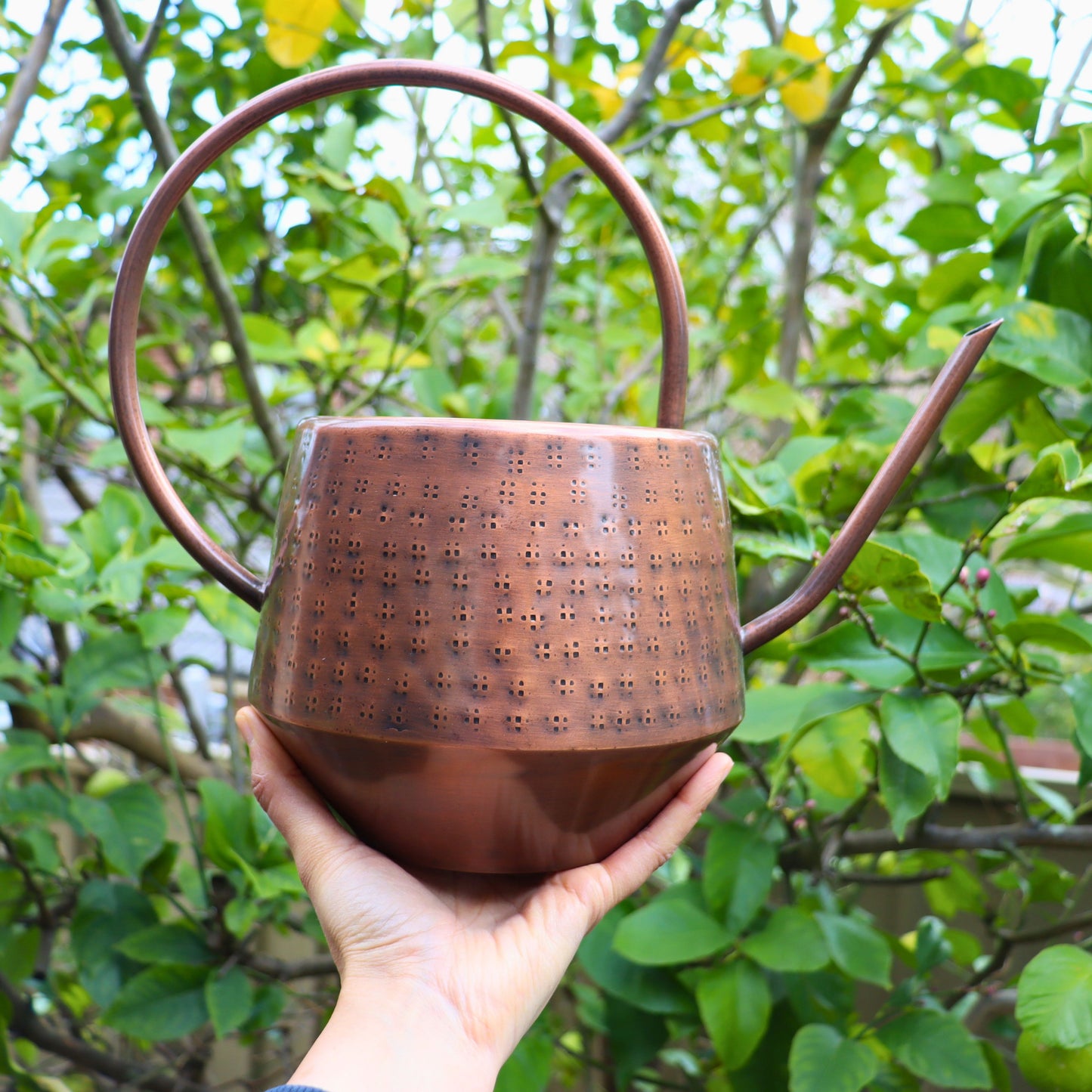A copper-colored metal watering can with a textured, dimpled exterior and a long loop handle, held by a hand against a background of green garden foliage.
