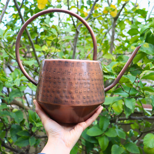 A copper-colored metal watering can with a textured, dimpled exterior and a long loop handle, held by a hand against a background of green garden foliage.