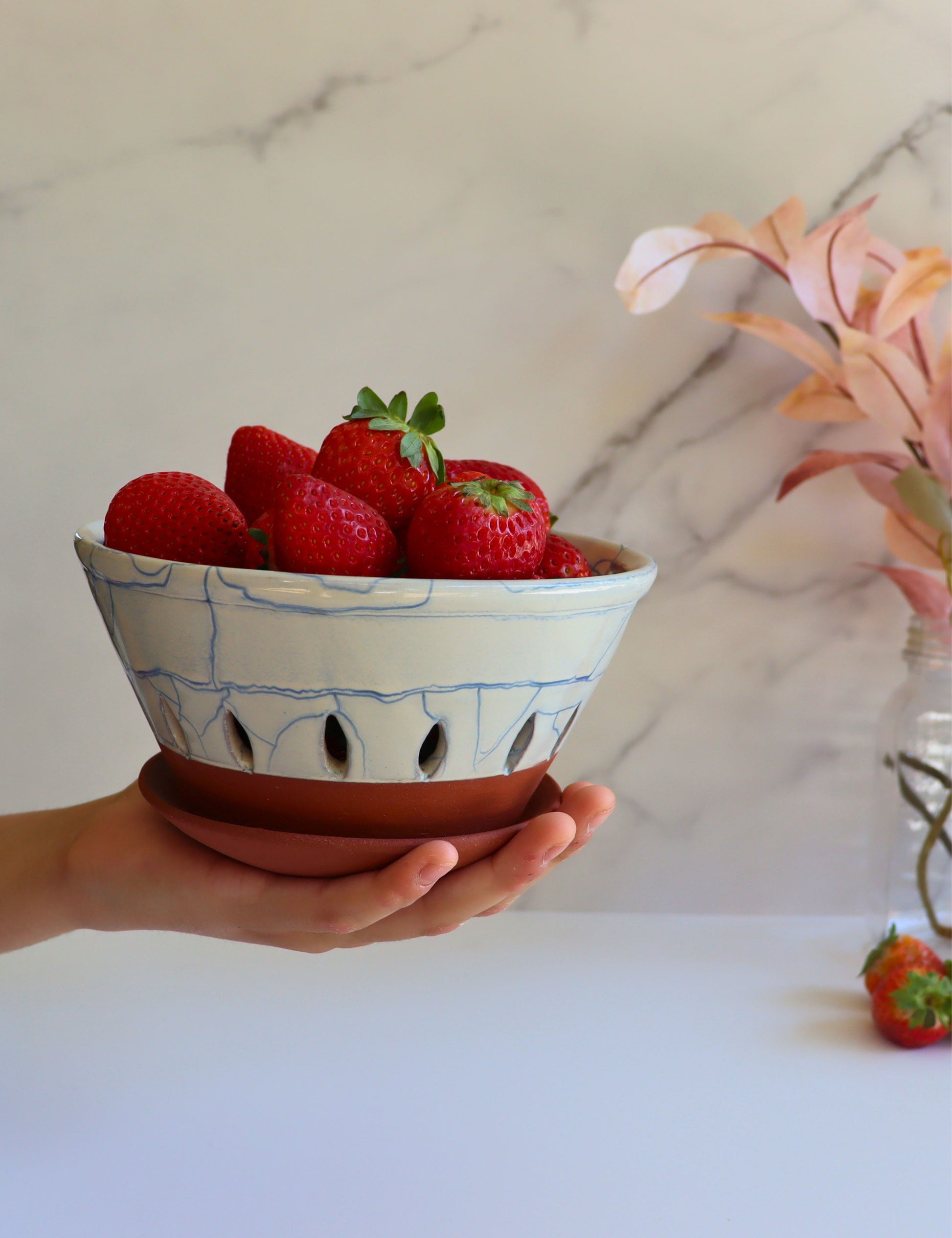 Handcrafted Ceramic Berry Bowl with Terracotta Tray – Blue Crackle Glaze - Aksa Home Decor 