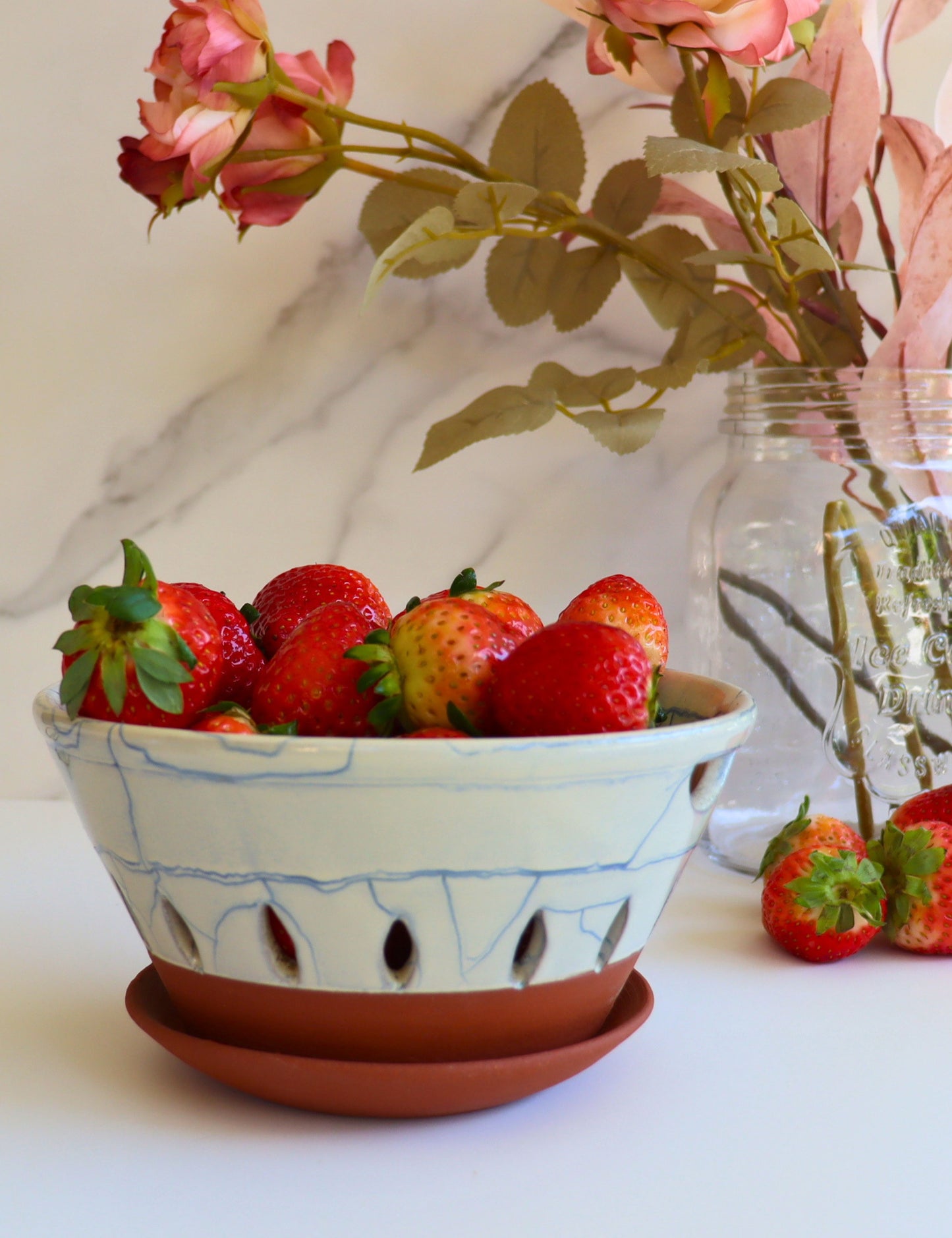Handcrafted Ceramic Berry Bowl with Terracotta Tray – Blue Crackle Glaze - Aksa Home Decor 