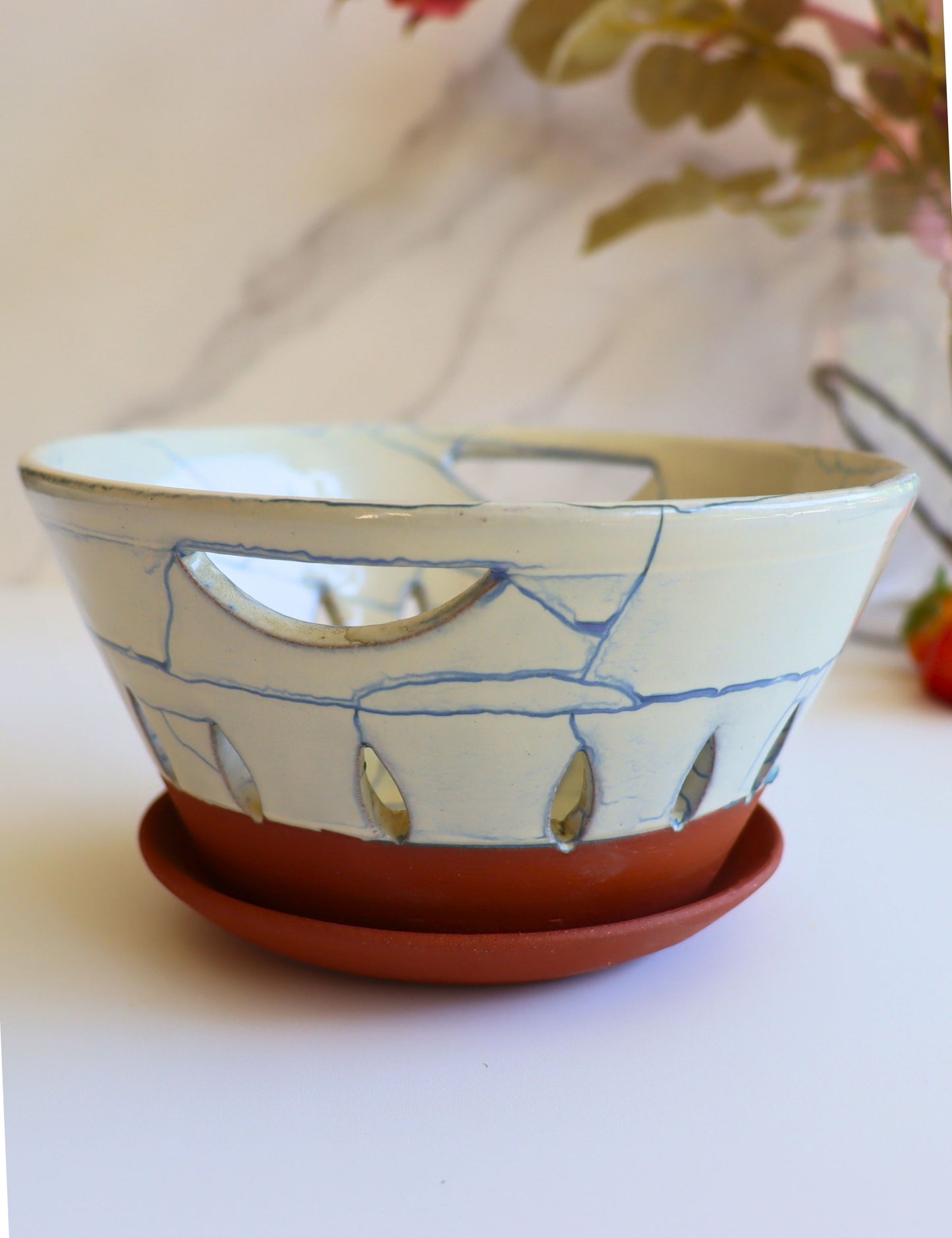 Handcrafted Ceramic Berry Bowl with Terracotta Tray – Blue Crackle Glaze - Aksa Home Decor 