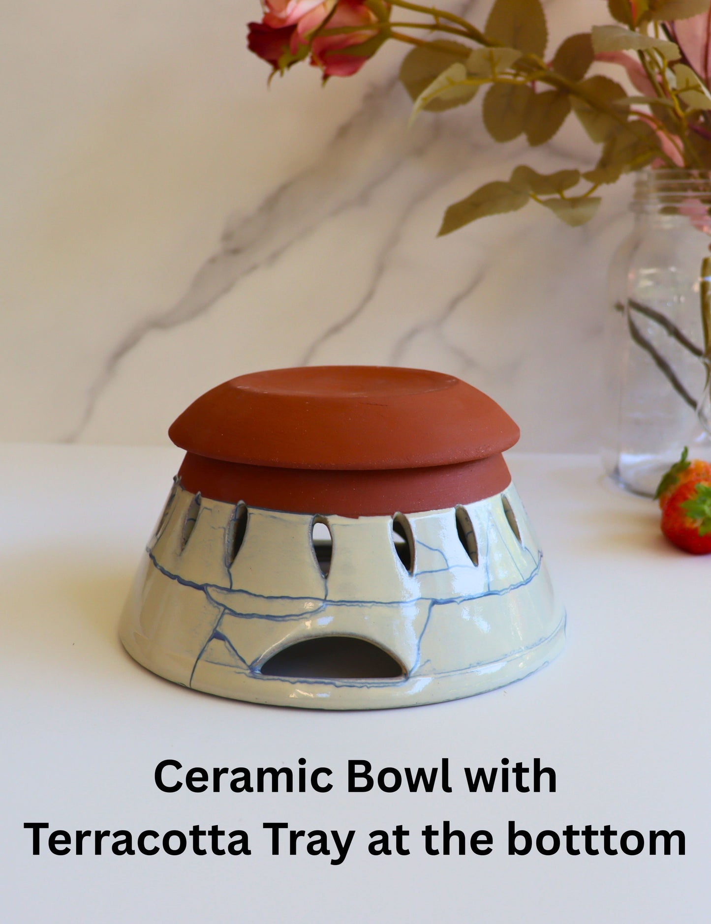 Handcrafted Ceramic Berry Bowl with Terracotta Tray – Blue Crackle Glaze - Aksa Home Decor 