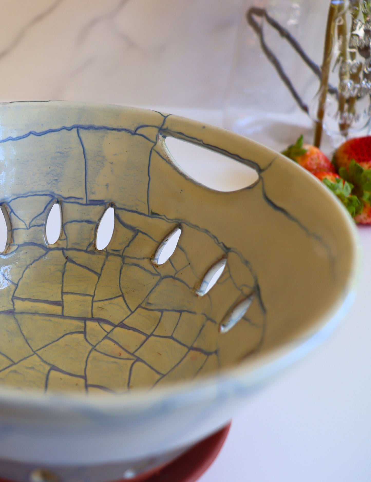 Handcrafted Ceramic Berry Bowl with Terracotta Tray – Blue Crackle Glaze - Aksa Home Decor 