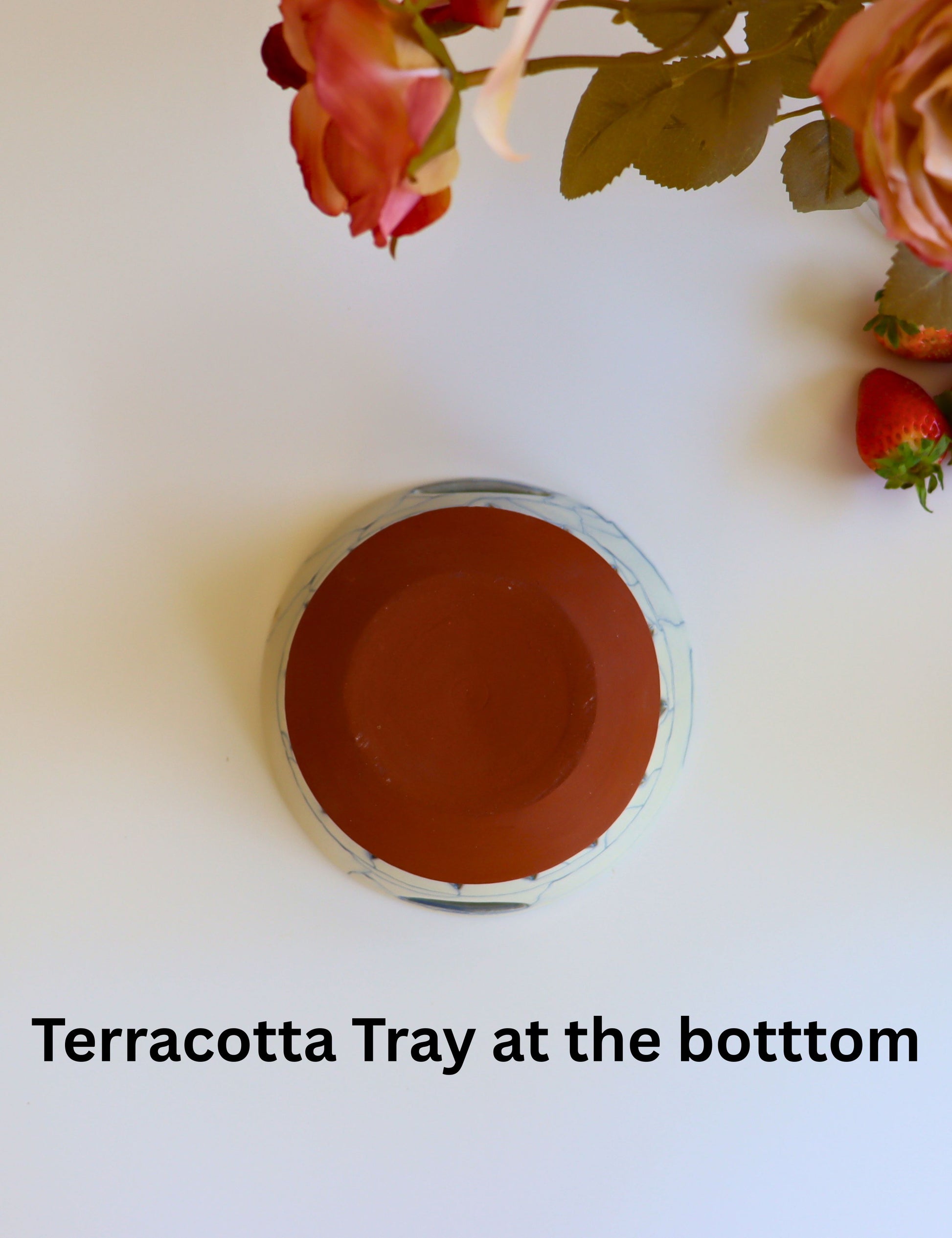 Handcrafted Ceramic Berry Bowl with Terracotta Tray – Blue Crackle Glaze - Aksa Home Decor 