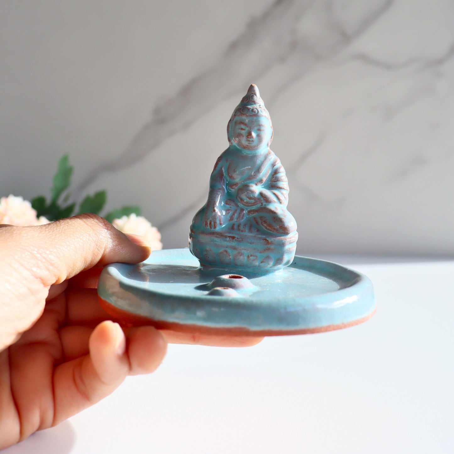 Handmade Ceramic Buddha Incense Holder - Fair Trade Artisan Incense Burner for Sticks - Aksa Home Decor 