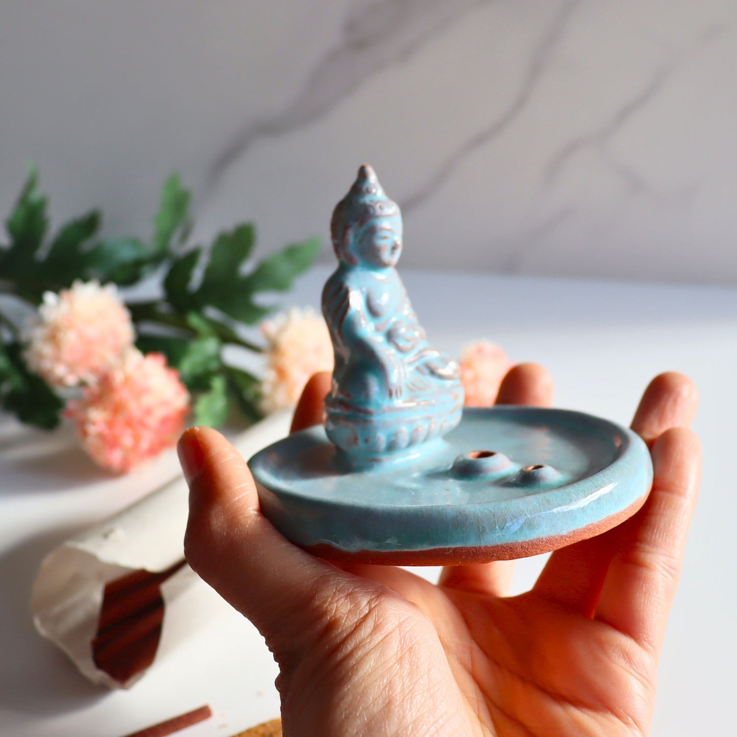 Handmade Ceramic Buddha Incense Holder - Fair Trade Artisan Incense Burner for Sticks - Aksa Home Decor 