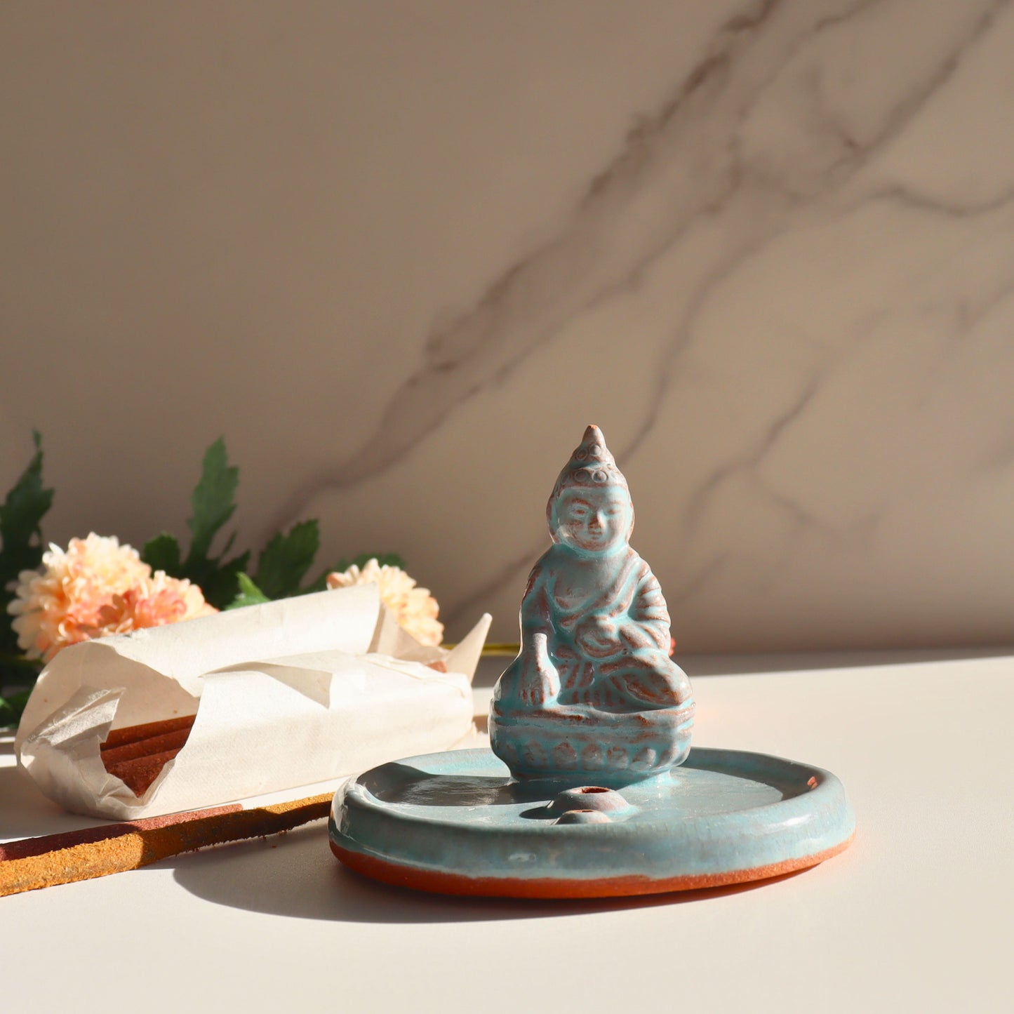 Handmade Ceramic Buddha Incense Holder - Fair Trade Artisan Incense Burner for Sticks - Aksa Home Decor 