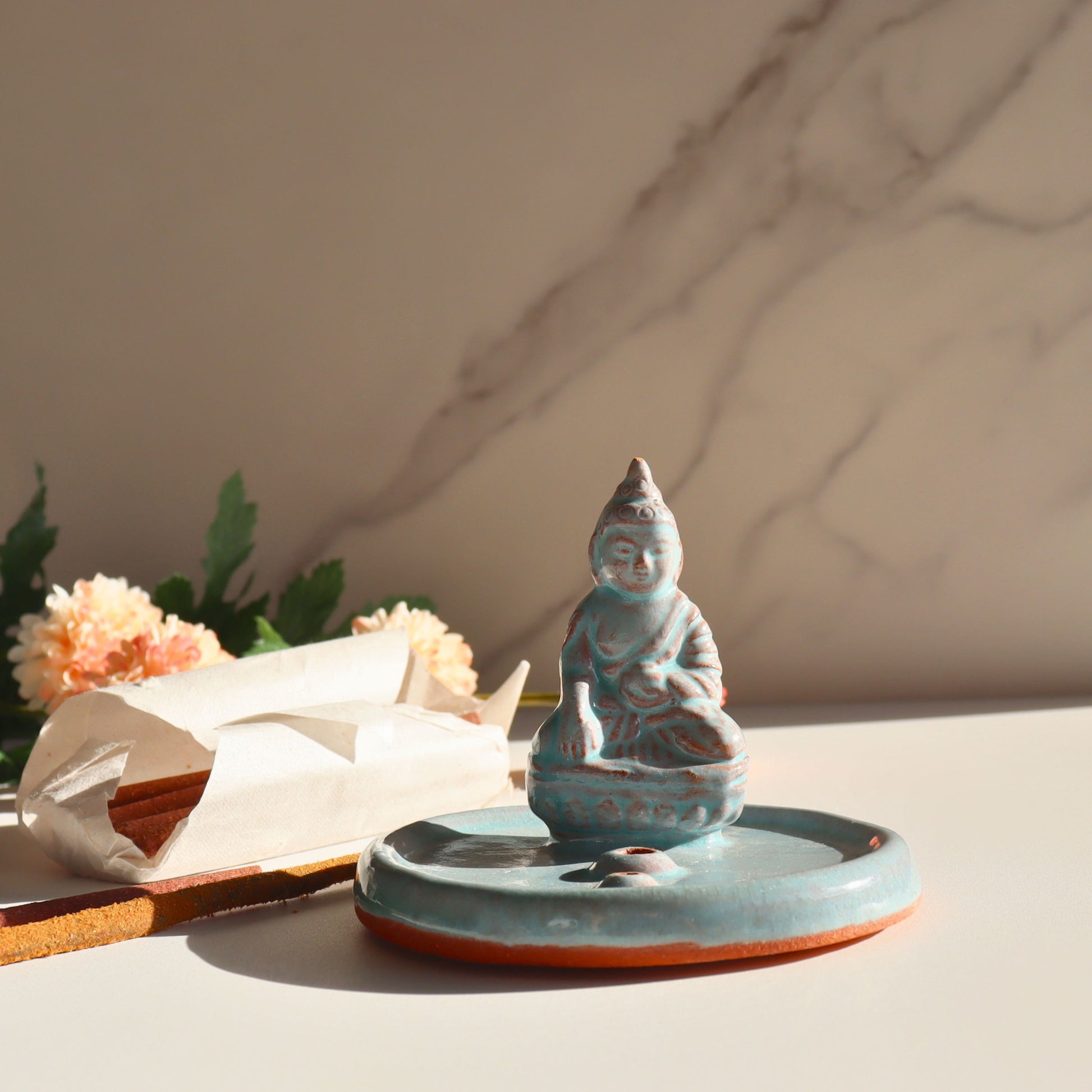 Handmade Ceramic Buddha Incense Holder - Fair Trade Artisan Incense Burner for Sticks - Aksa Home Decor 