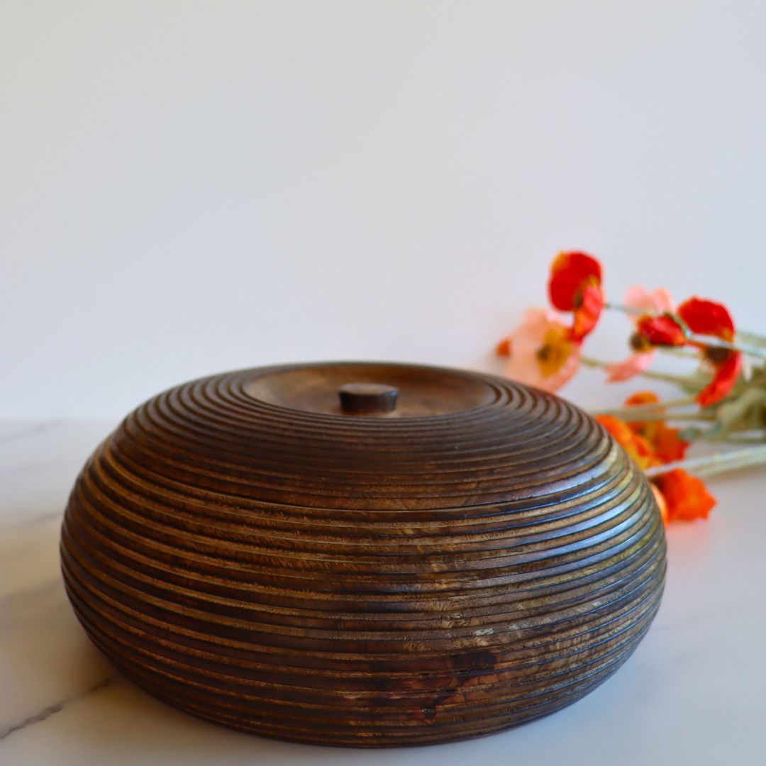 Mango Wood Round Box with Lid - Hand-Etched Striped Detailing