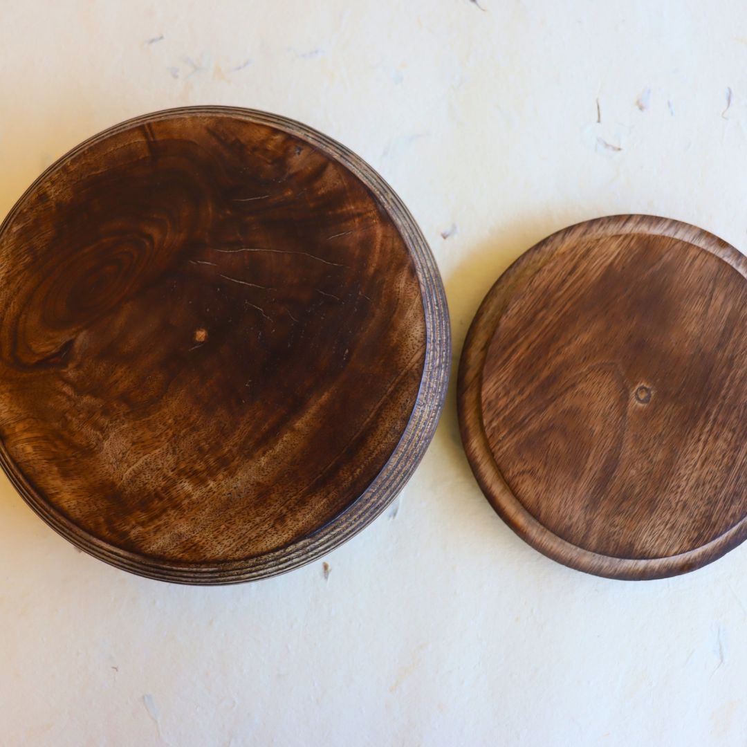 Mango Wood Round Box with Lid - Hand-Etched Striped Detailing