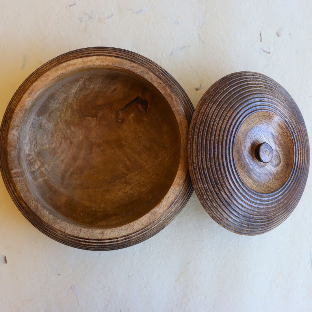 Mango Wood Round Box with Lid - Hand-Etched Striped Detailing