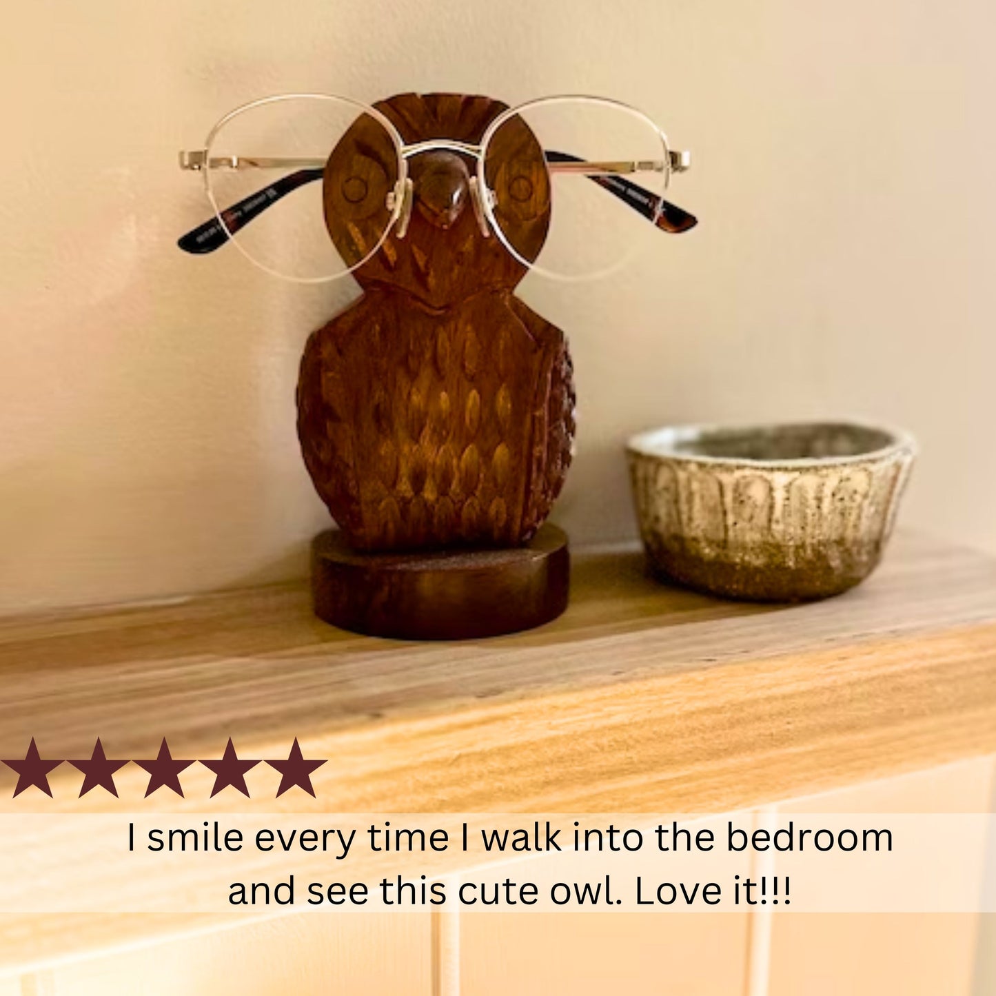 Owl Bird Eyeglasses Stand Wooden, Hand Carved Nocturnal Eyewear Holder