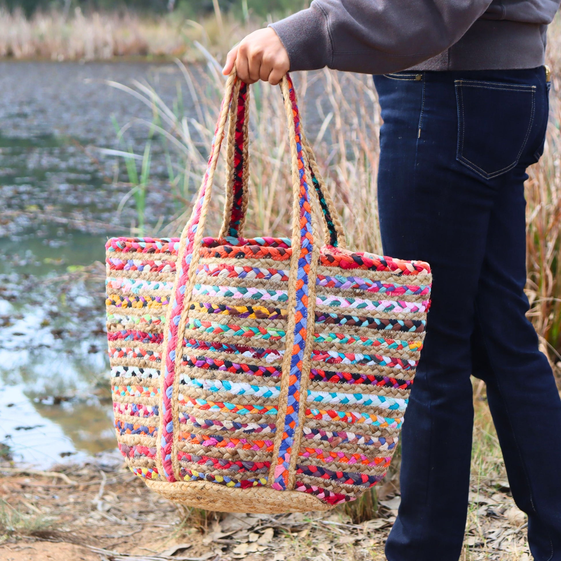 Rainbow Recycled Cloth & Jute Tote Bag, Multicoloured Hand woven Braided Chindi Style - Aksa Home Decor 