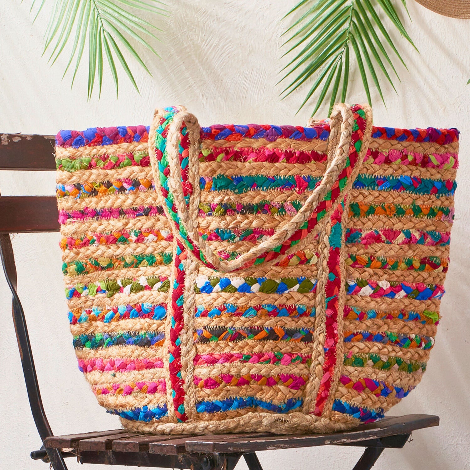 Rainbow Recycled Cloth & Jute Tote Bag, Multicoloured Hand woven Braided Chindi Style - Aksa Home Decor 