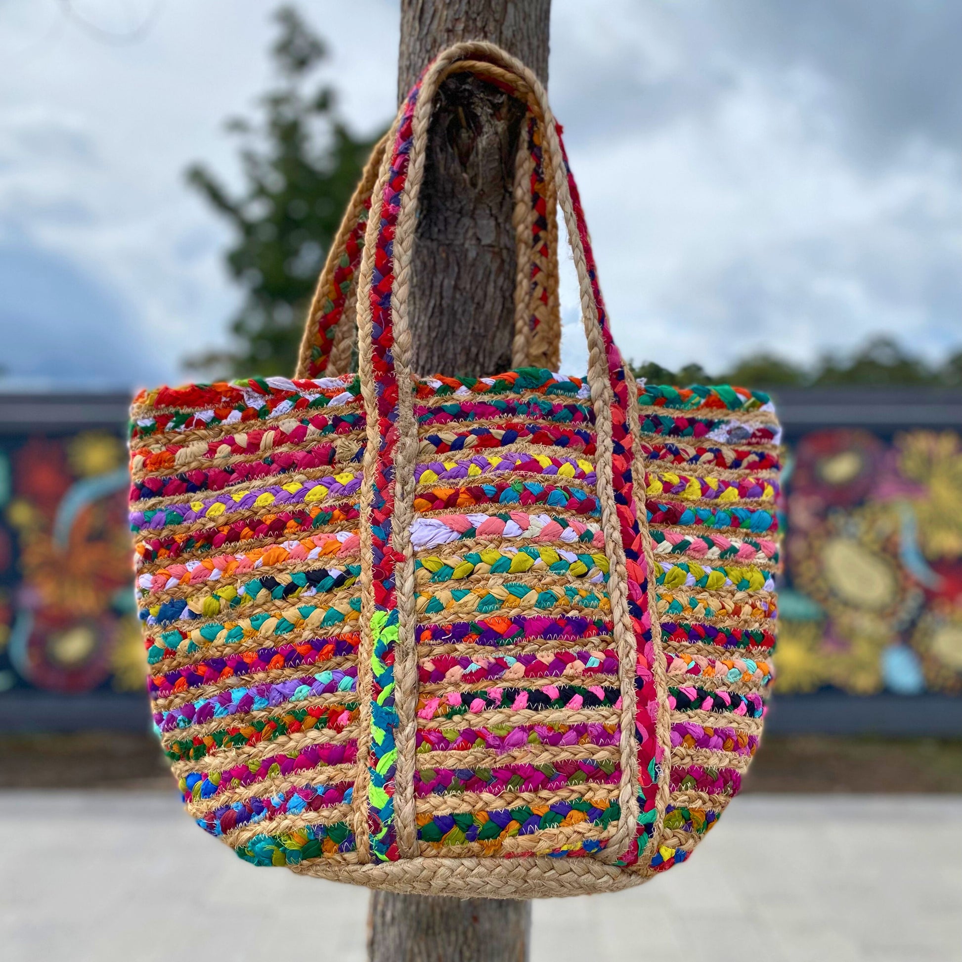 Rainbow Recycled Cloth & Jute Tote Bag, Multicoloured Hand woven Braided Chindi Style - Aksa Home Decor 