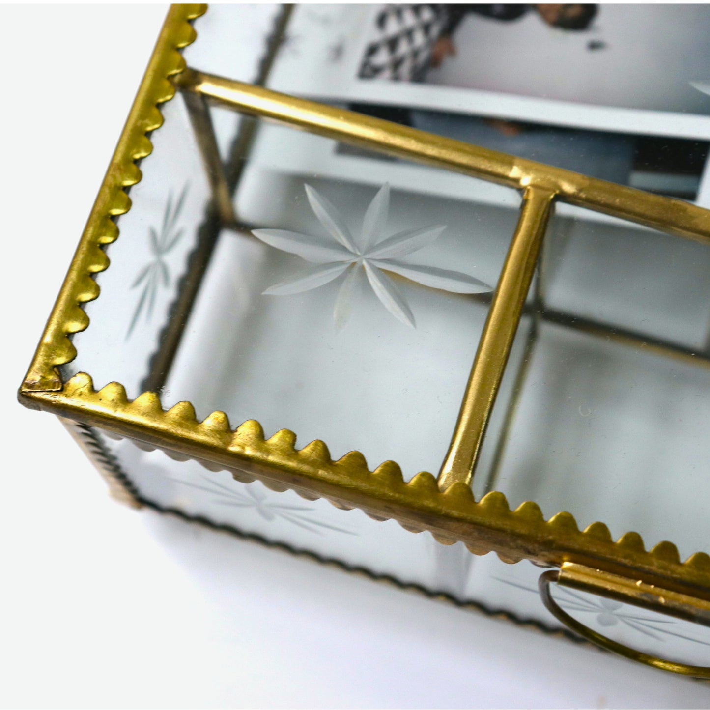 Rectangle Glass Jewellery Box, Etched Star Clear Keepsake Brass Frame - Aksa Home Decor 