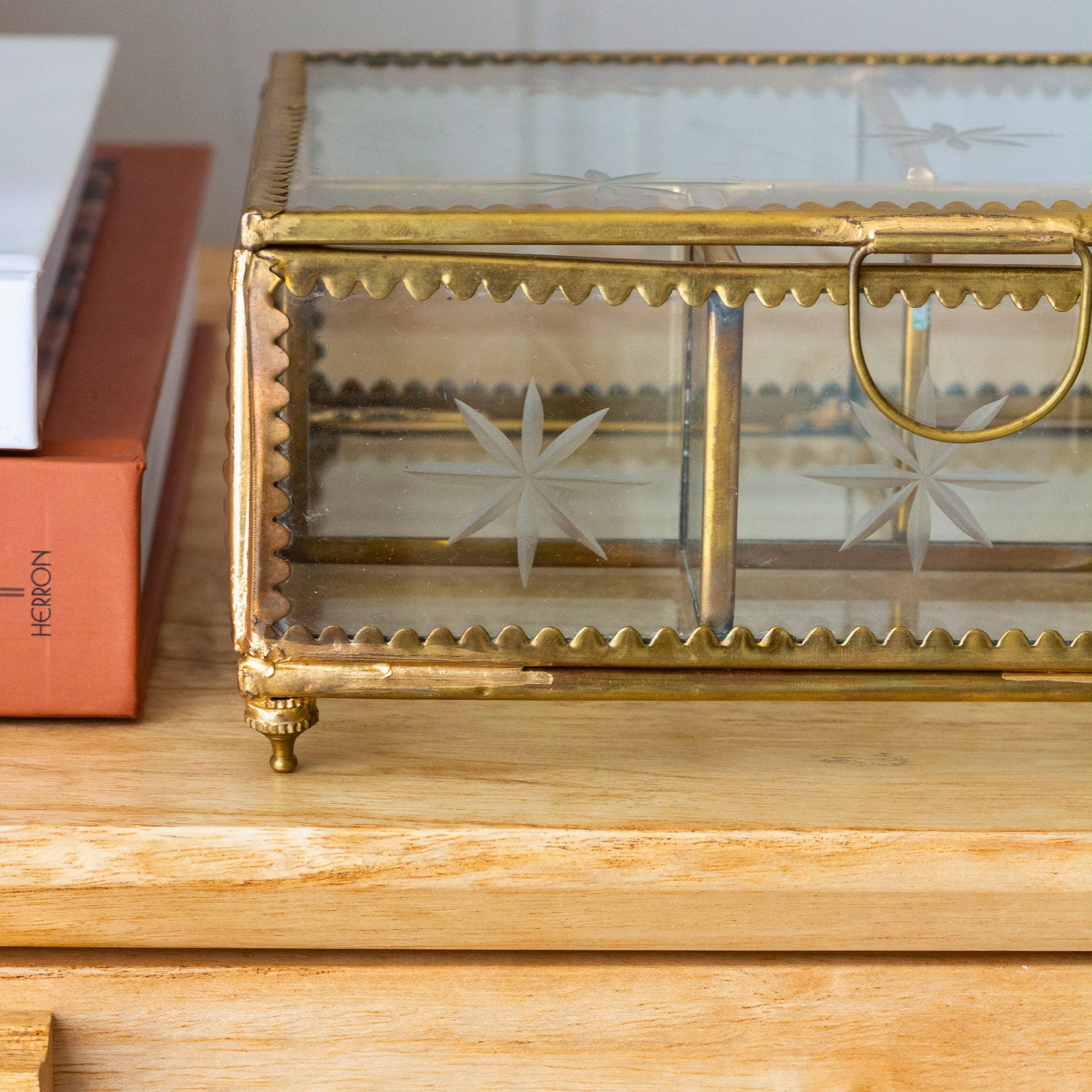 Rectangle Glass Jewellery Box, Etched Star Clear Keepsake Brass Frame - Aksa Home Decor 