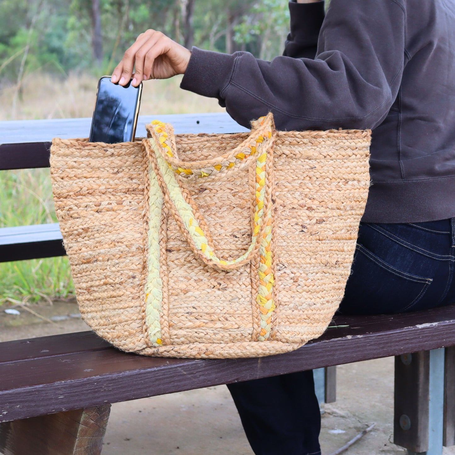 Recycled Cloth & Jute Tote Bag, Hand woven Yellow Braided Striped Bag - Aksa Home Decor 