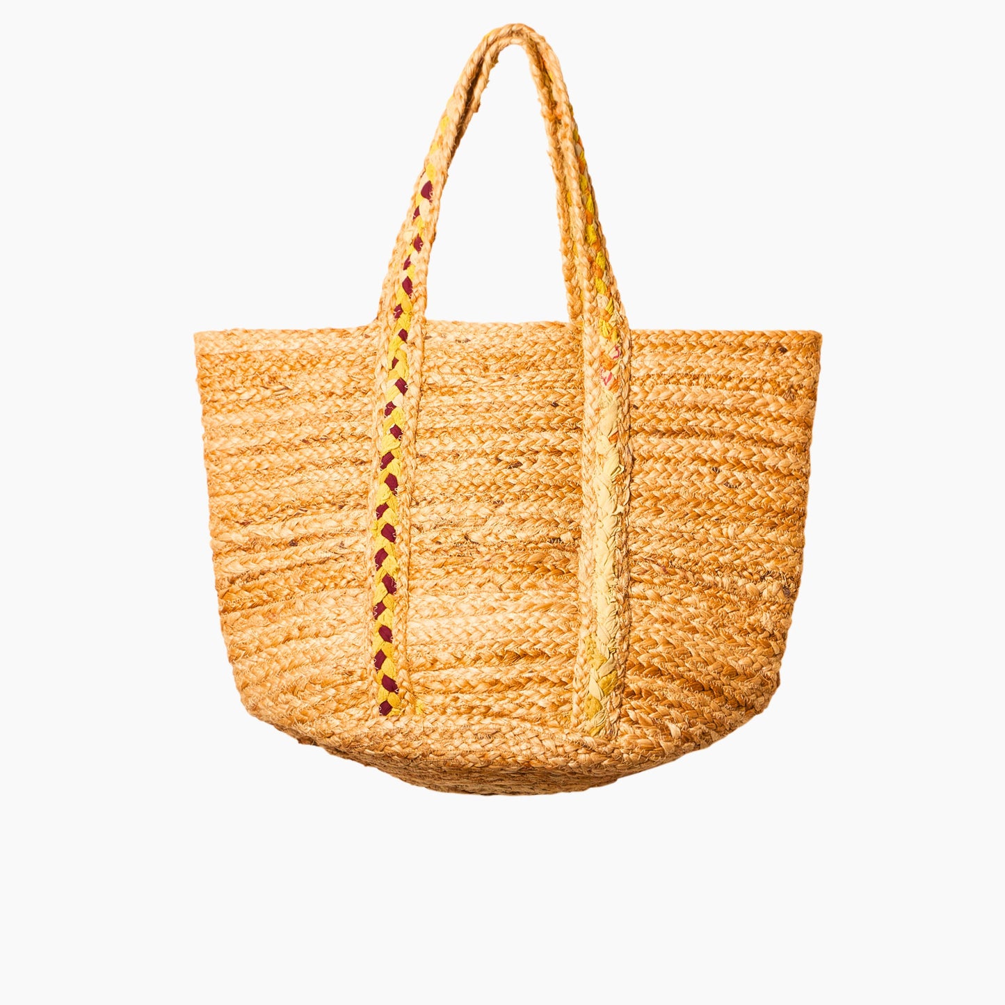 Recycled Cloth & Jute Tote Bag, Hand woven Yellow Braided Striped Bag - Aksa Home Decor 