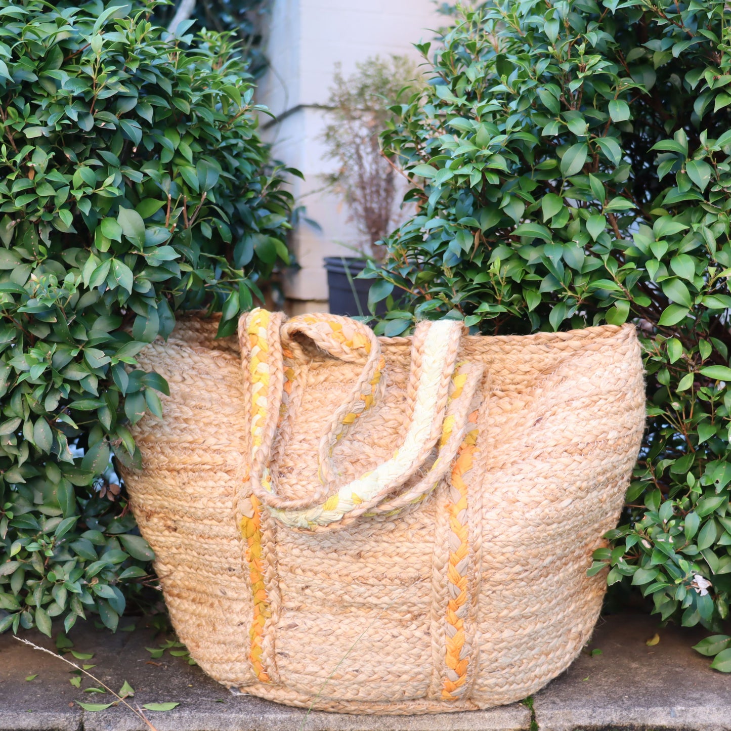 Recycled Cloth & Natural Jute Tote Bag - Yellow Braided Strips, Hand-woven - Aksa Home Decor 