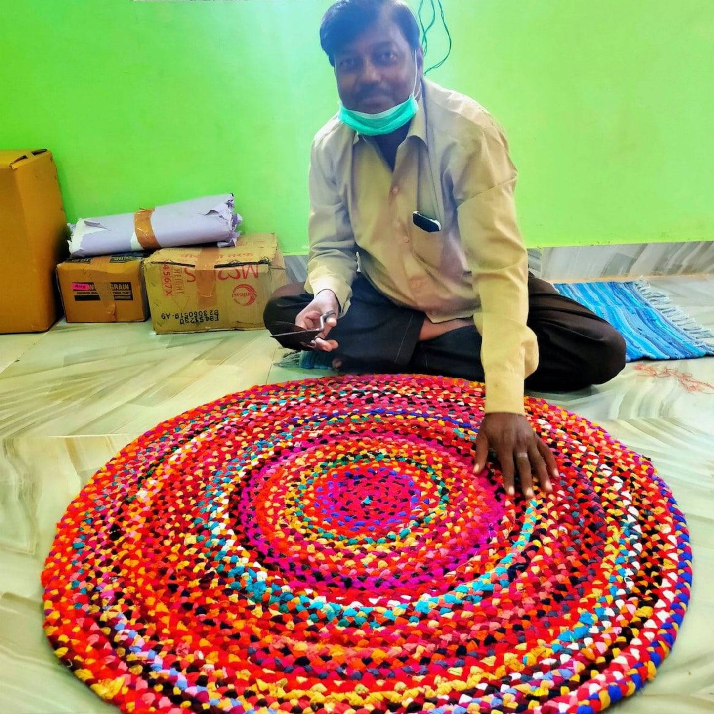 Recycled Cotton Round Chindi Rag Rug - Multicolour 3 ft, Braided Style, Hand-Knotted - Aksa Home Decor 