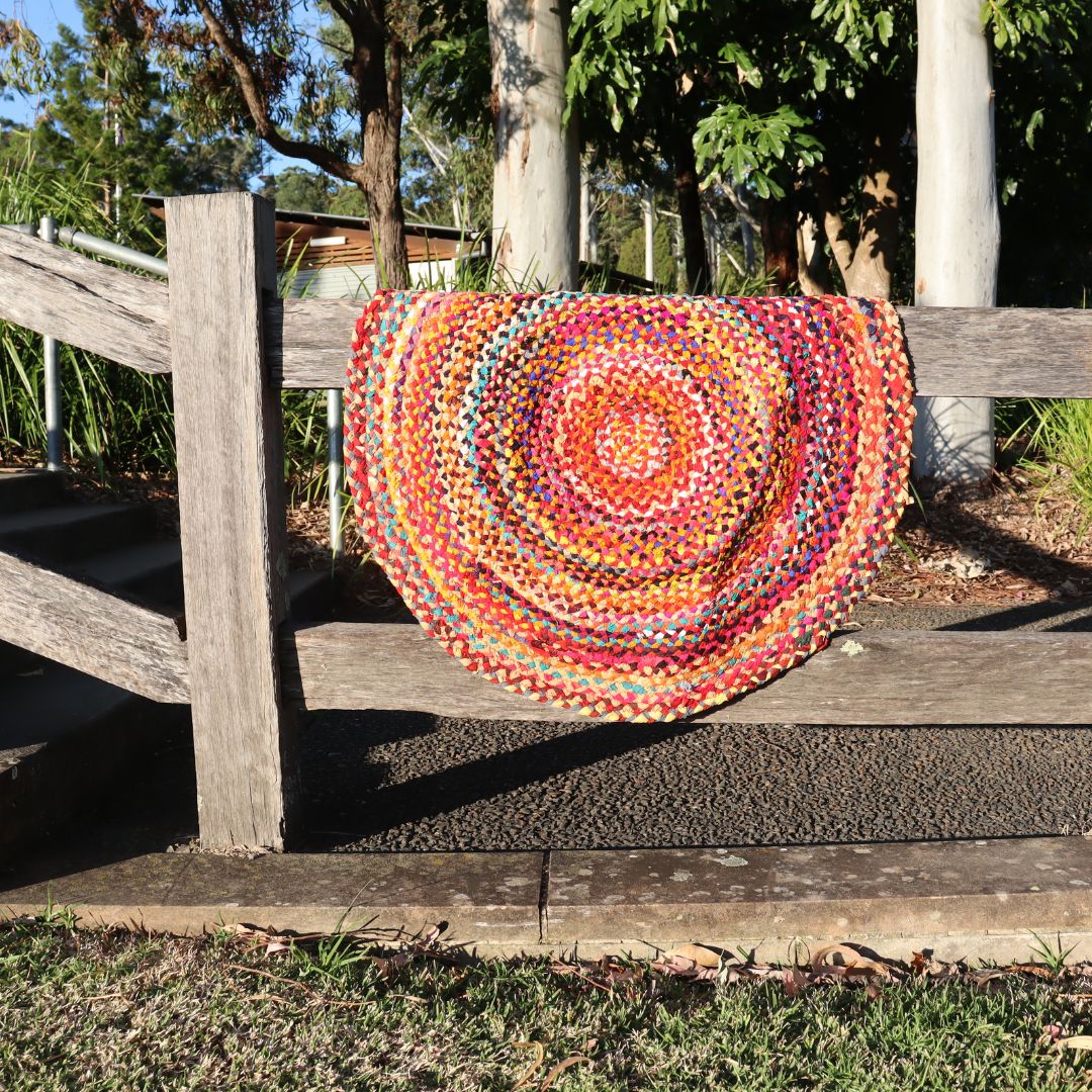 Round Chindi Rag Rug, Recycled Cotton, Multicolour 3 ft, Braided Style, Hand Knotted - Aksa Home Decor 