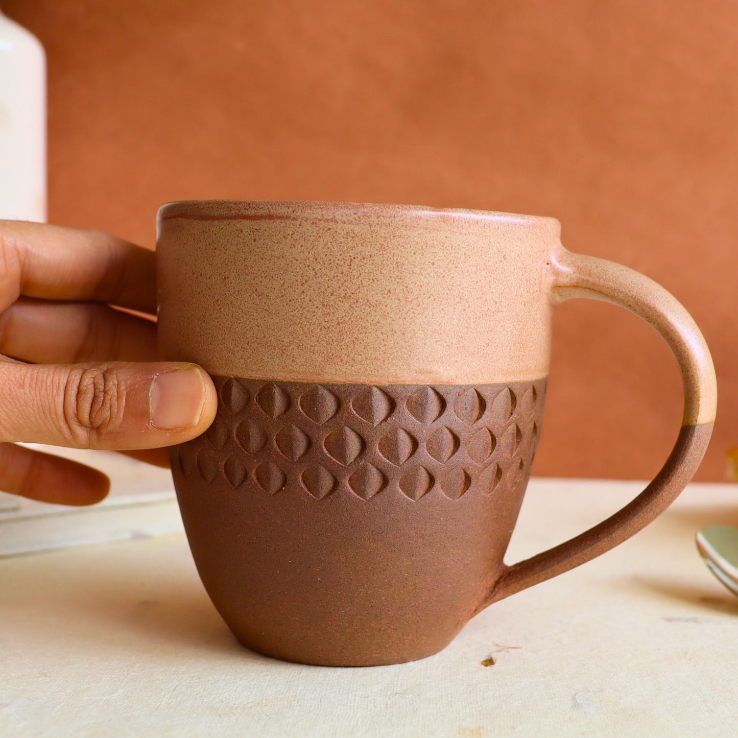 Rustic Two-Tone Coffee Mug - Earthy Brown & Carved Terracotta - Aksa Home Decor 