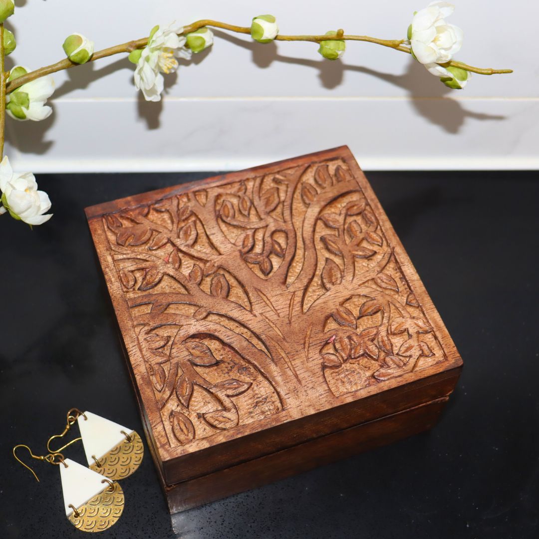 Small Tree of Life Wood Jewellery Box, Engraved Square 5 inch - Aksa Home Decor 