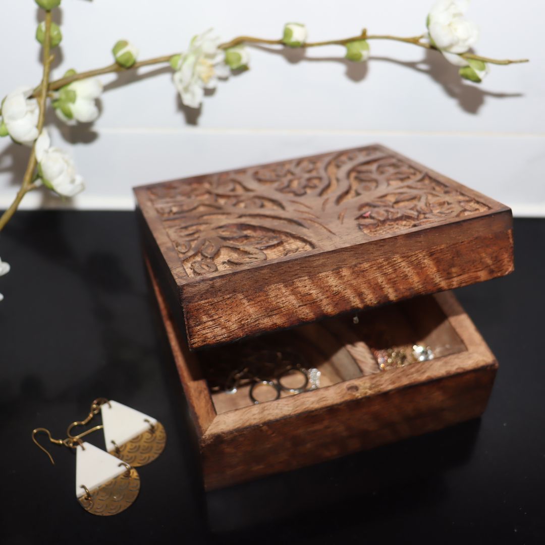 Small Tree of Life Wood Jewellery Box, Engraved Square 5 inch - Aksa Home Decor 