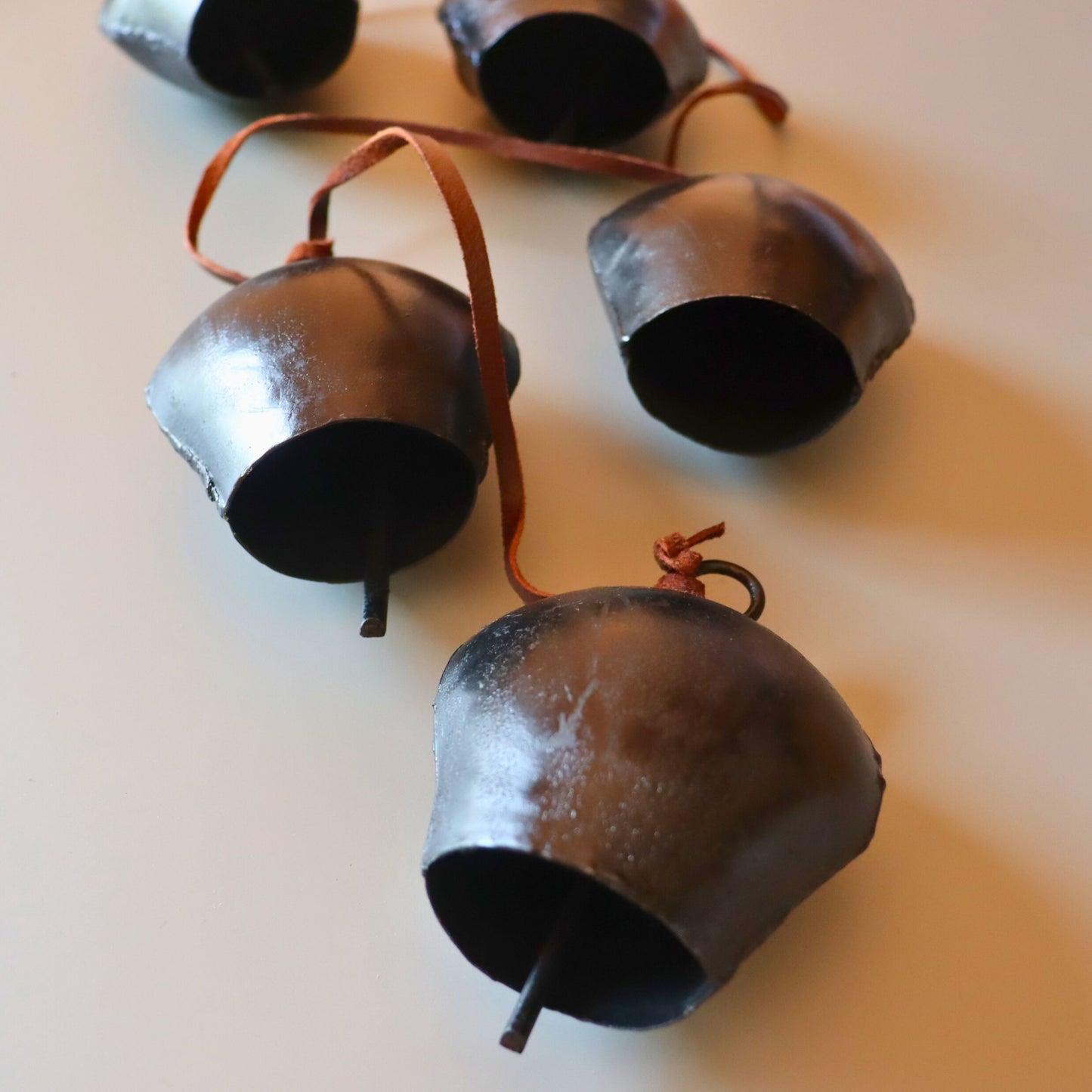 Handmade String of Cow Bells, Black Patio Decor, Set of 5 - Aksa Home Decor 