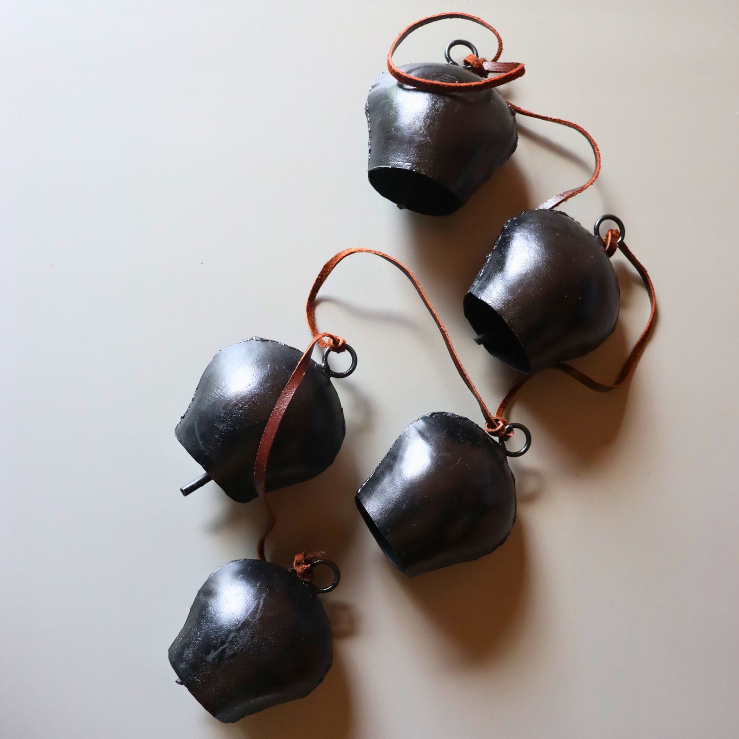 Handmade String of Cow Bells, Black Patio Decor, Set of 5 - Aksa Home Decor 