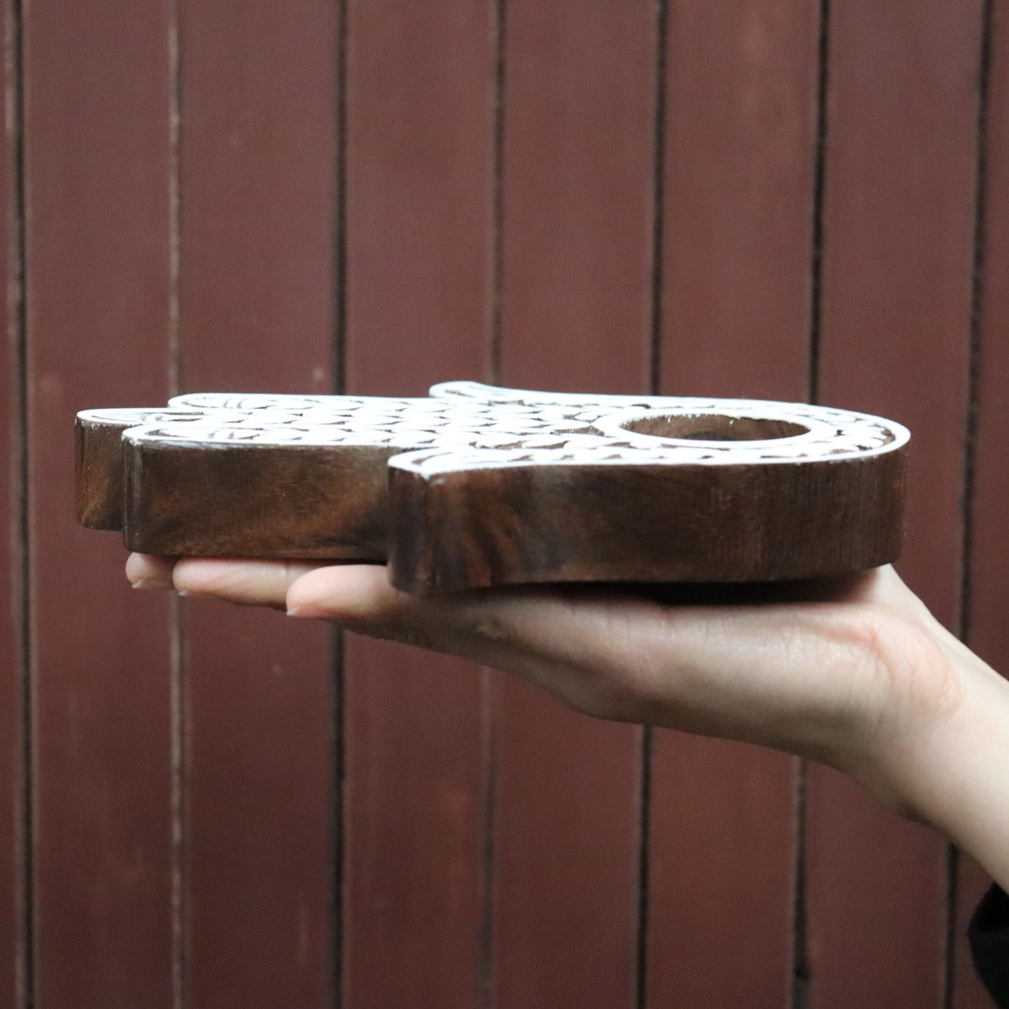 Tealight Wood Holder, Hamsa Whitewashed finish, 18.5 cm, Handcrafted - Aksa Home Decor 