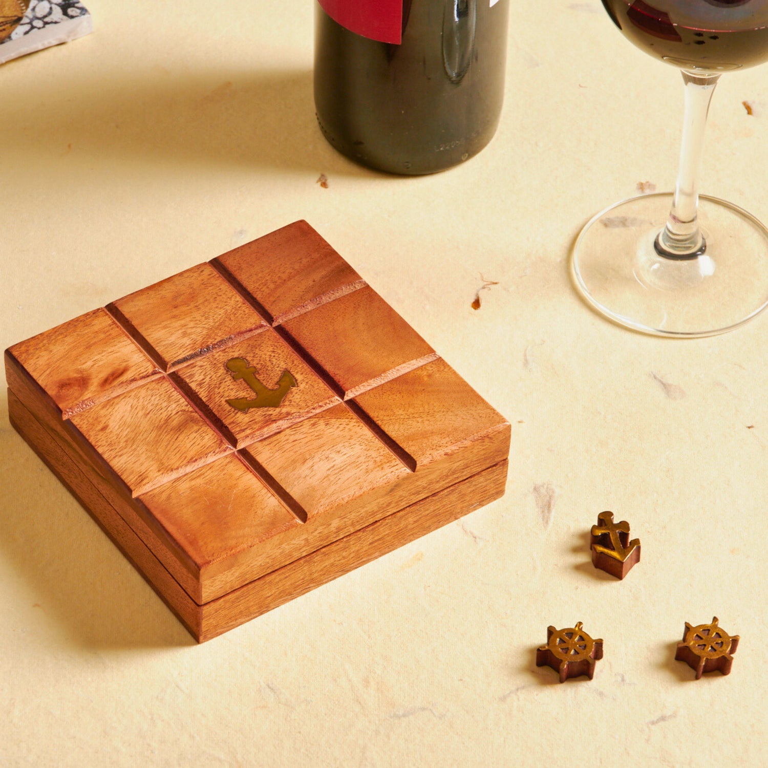 Tic Tac Toe Travel Wooden Game Box, Sea Marine Theme, Nautical Beach Decor - Aksa Home Decor 