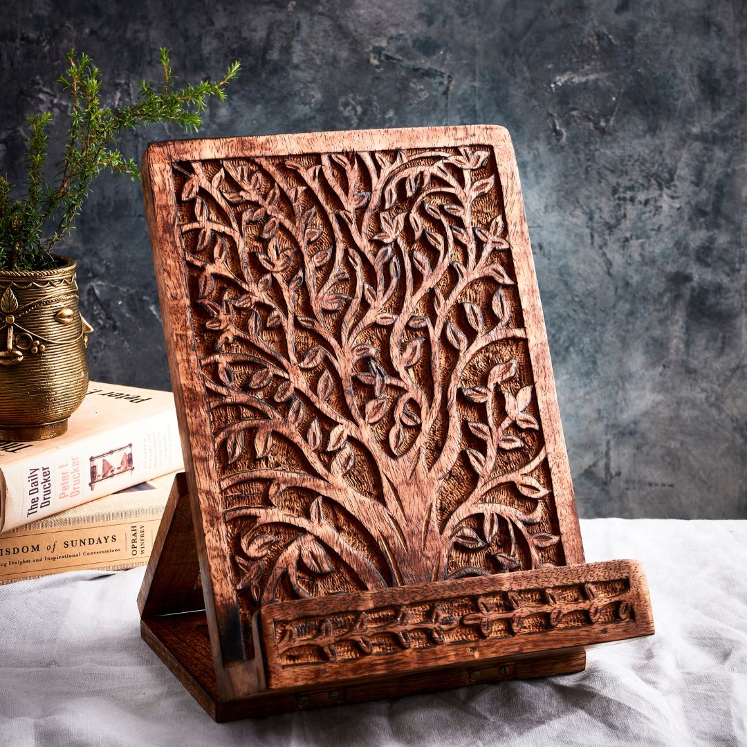 Tree of Life Tablet and Book Adjustable Stand - Collapsible, Engraved, Kitchen Holder - Aksa Home Decor 