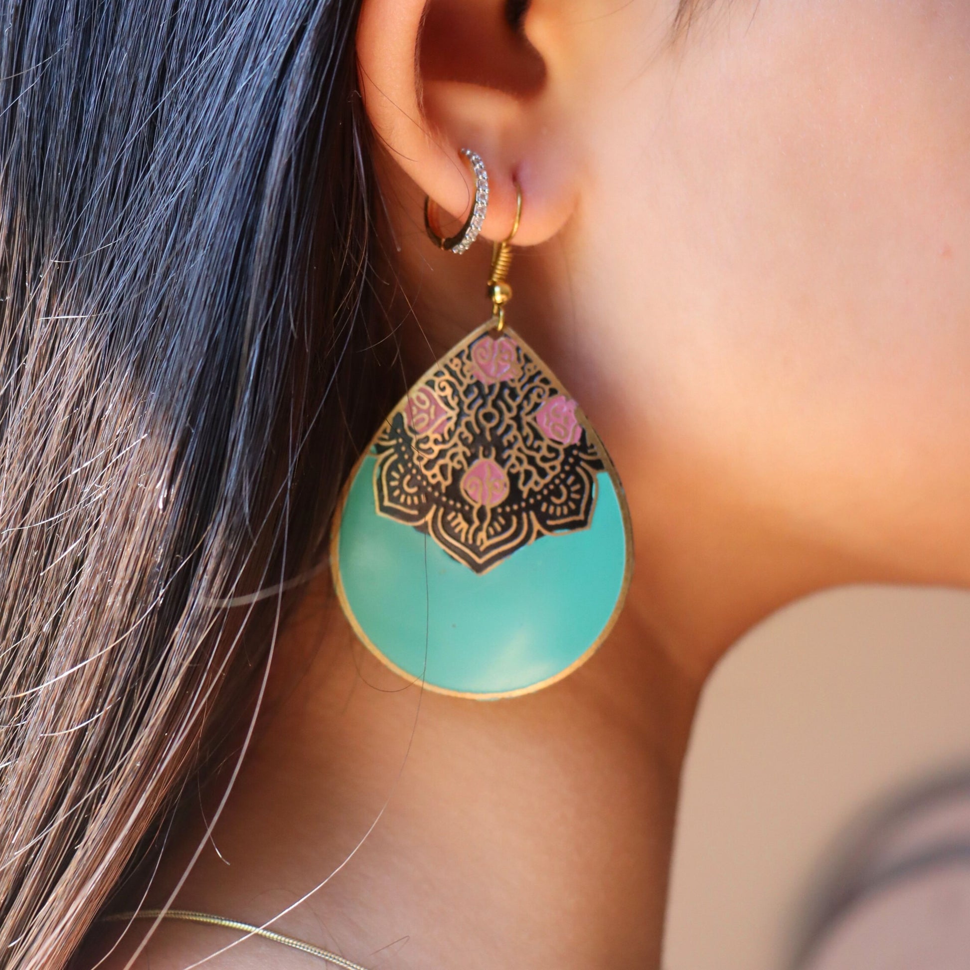 Turquoise Teardrop Brass Earrings - Aqua, Black & Pink Motif, Bohemian - Aksa Home Decor 