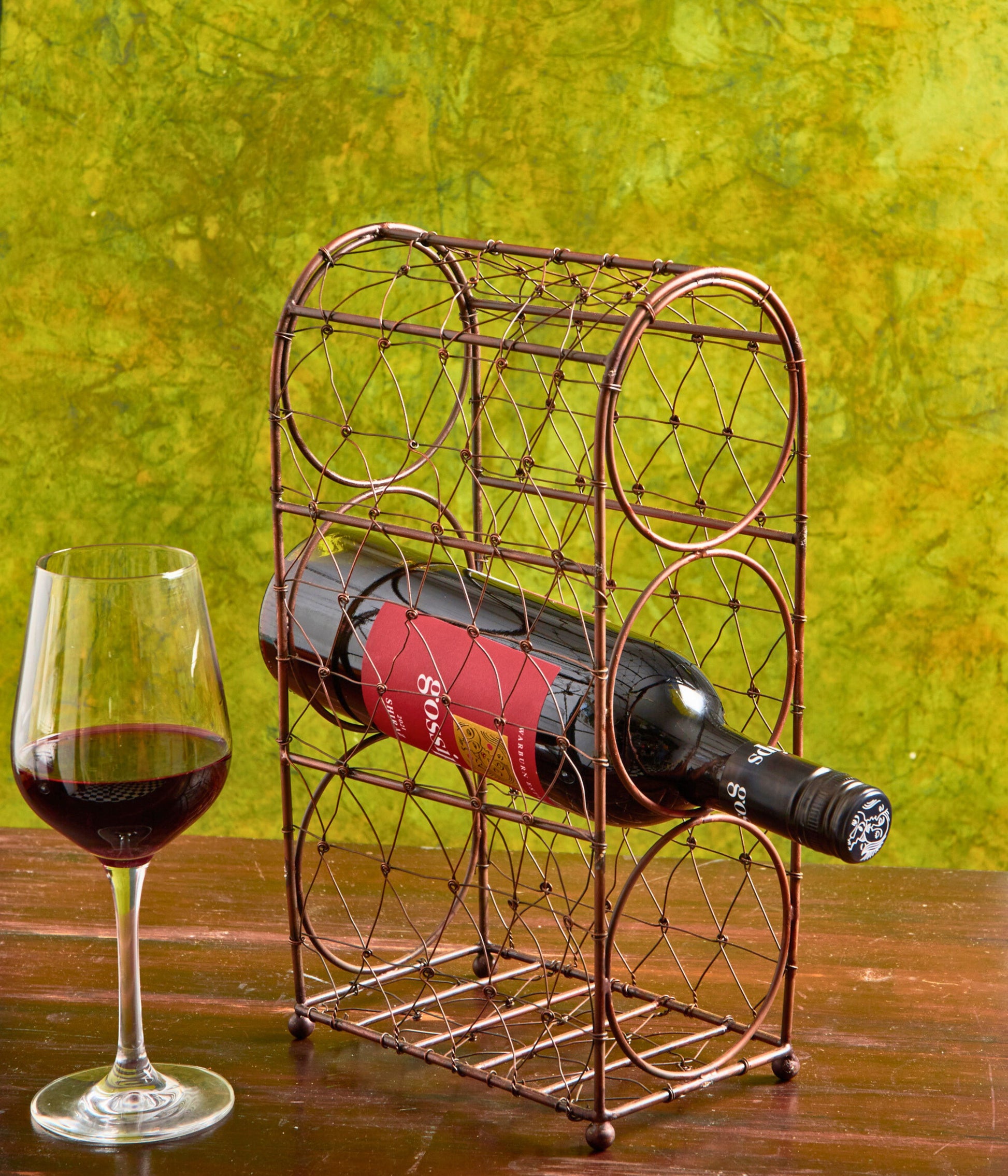 Wine Rack, 3 Bottles, Vertical, Handmade, Tabletop Brown Metal Wire Holder - Aksa Home Decor 