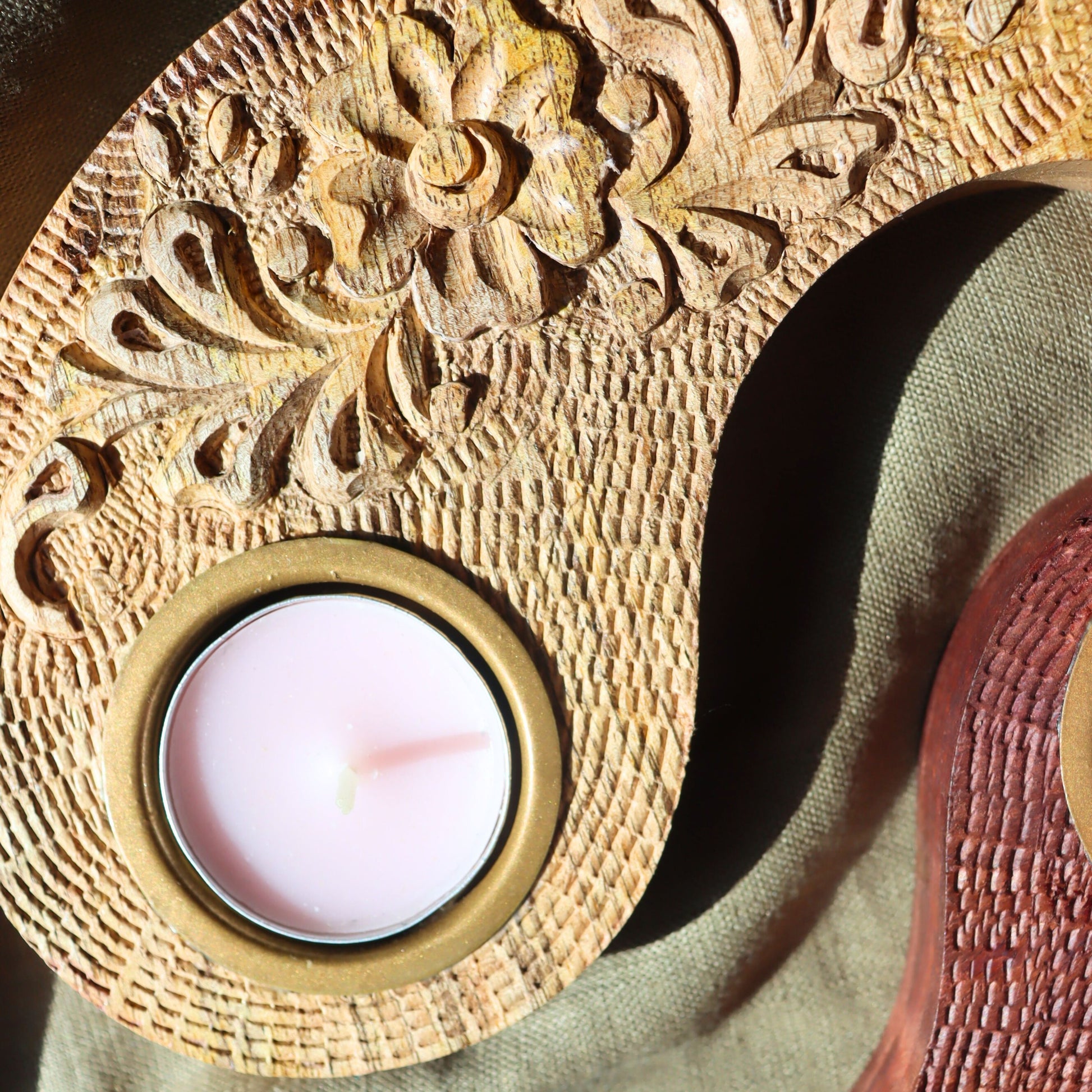 Yin Yang Tealight Candle Holder - Ardhan, Dual-tone, Wooden, Engraved - Aksa Home Decor 