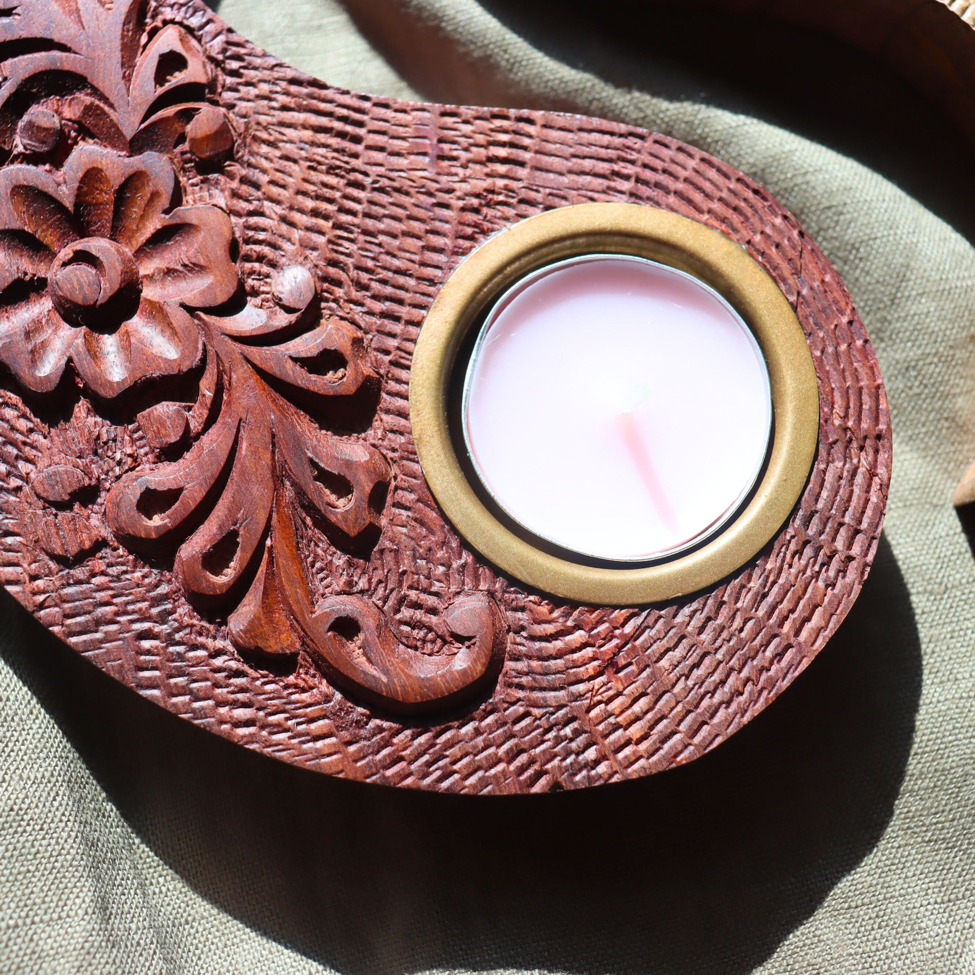 Yin Yang Tealight Candle Holder - Ardhan, Dual-tone, Wooden, Engraved - Aksa Home Decor 