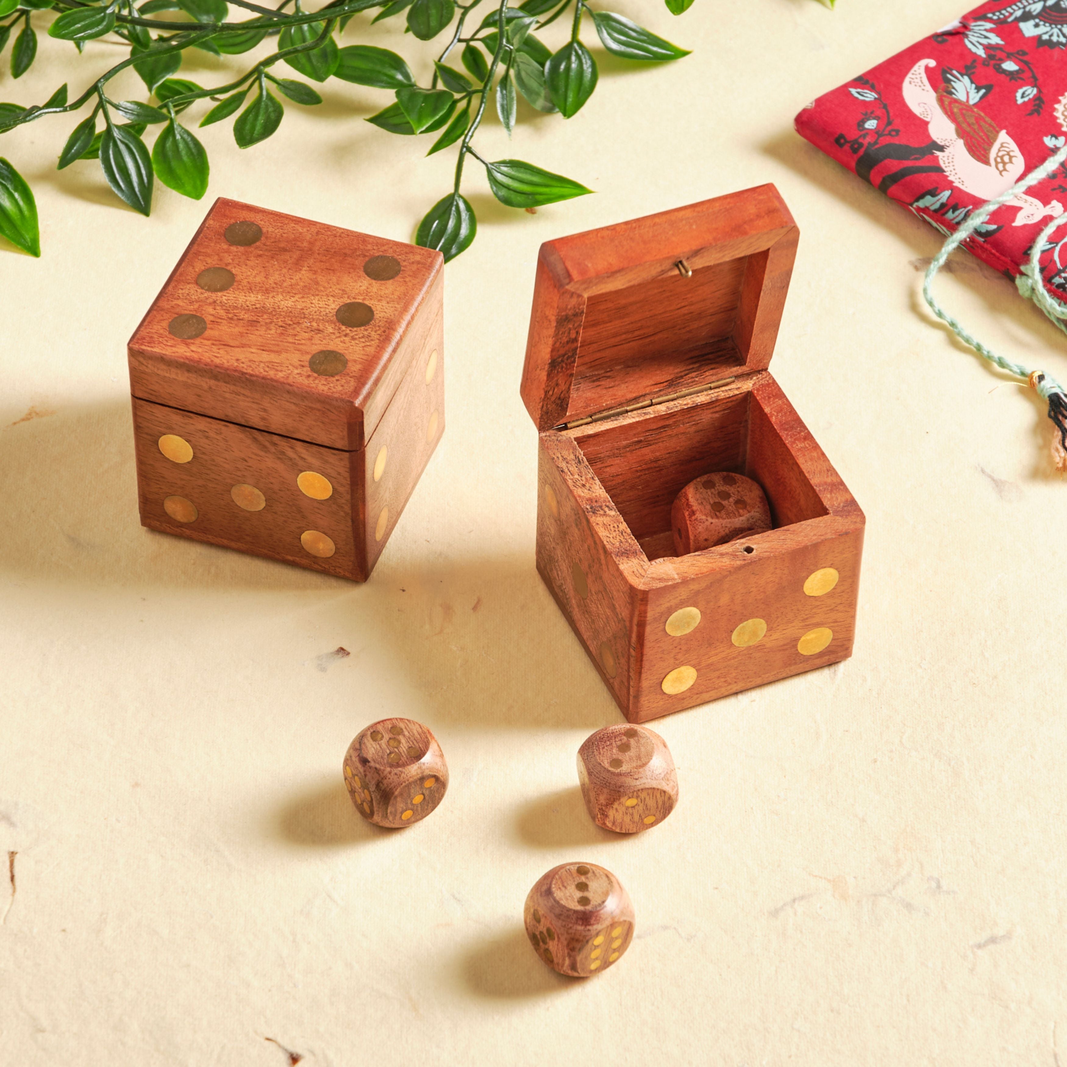 Wood & Brass Dice in Box Set of 6, Handcrafted Sustainable Dice Storage