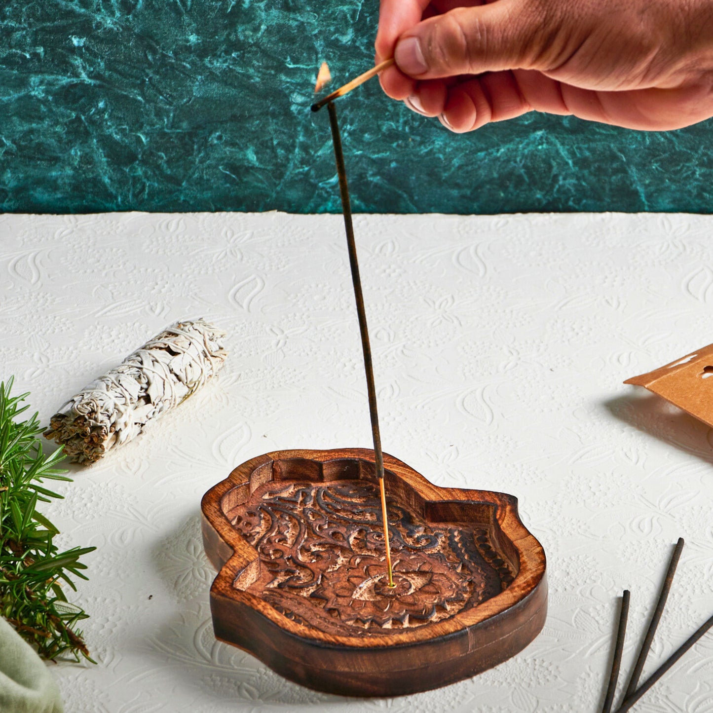 Hamsa Incense Holder and 10 Sandalwood Incense: Relaxation Gift Pack