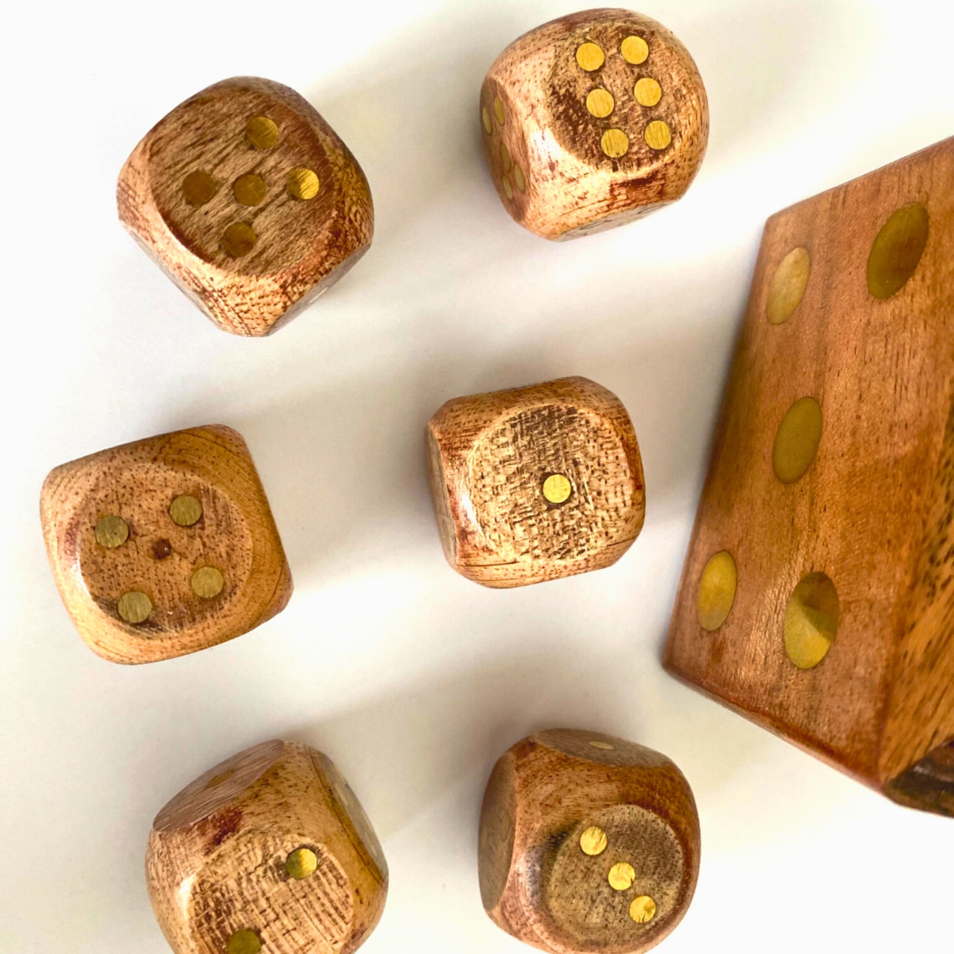 Wood & Brass Dice in Box Set of 6, Handcrafted Sustainable Dice Storage - Aksa Home Decor 