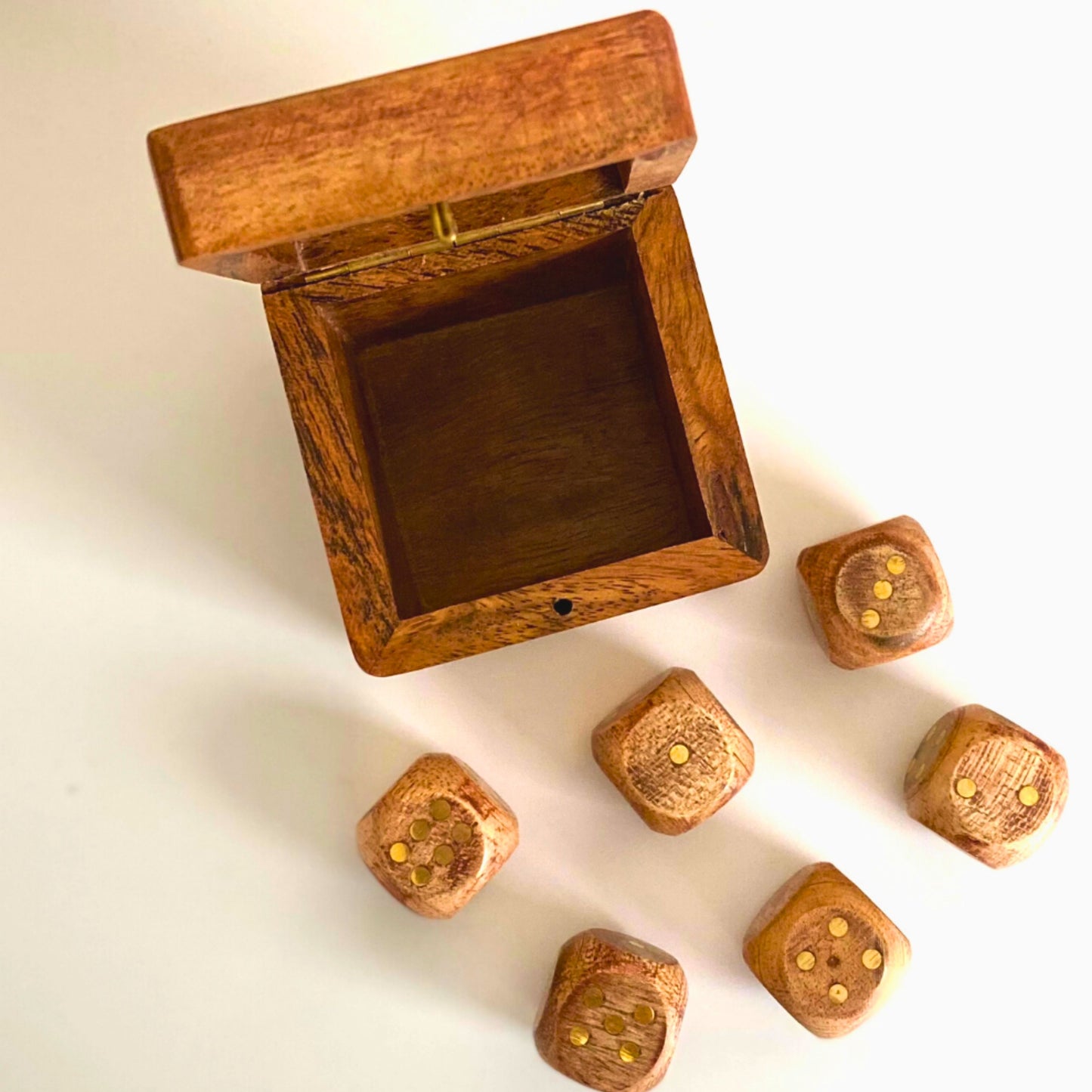 Wood & Brass Dice in Box Set of 6, Handcrafted Sustainable Dice Storage - Aksa Home Decor 