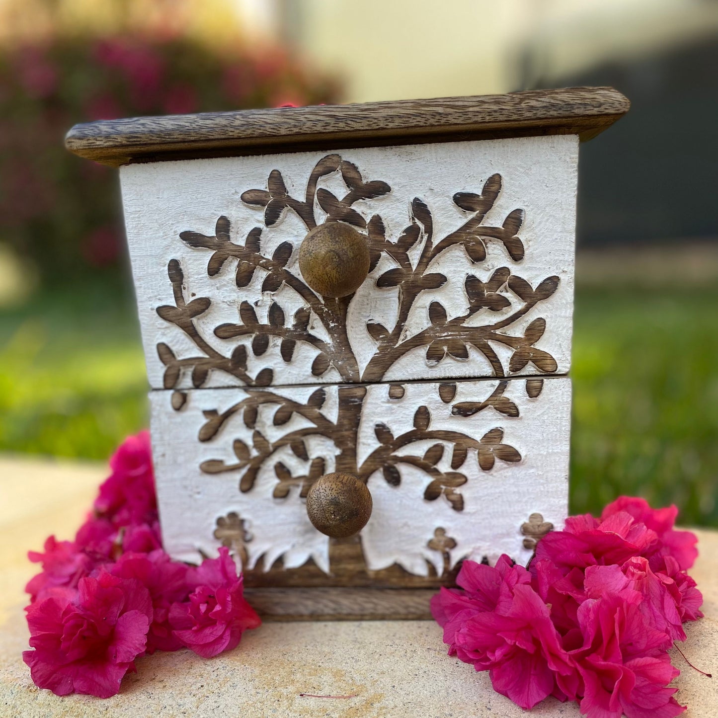 Tree of Life 2 Drawer Jewellery Box - Whitewashed, 19 cm Hgt - Aksa