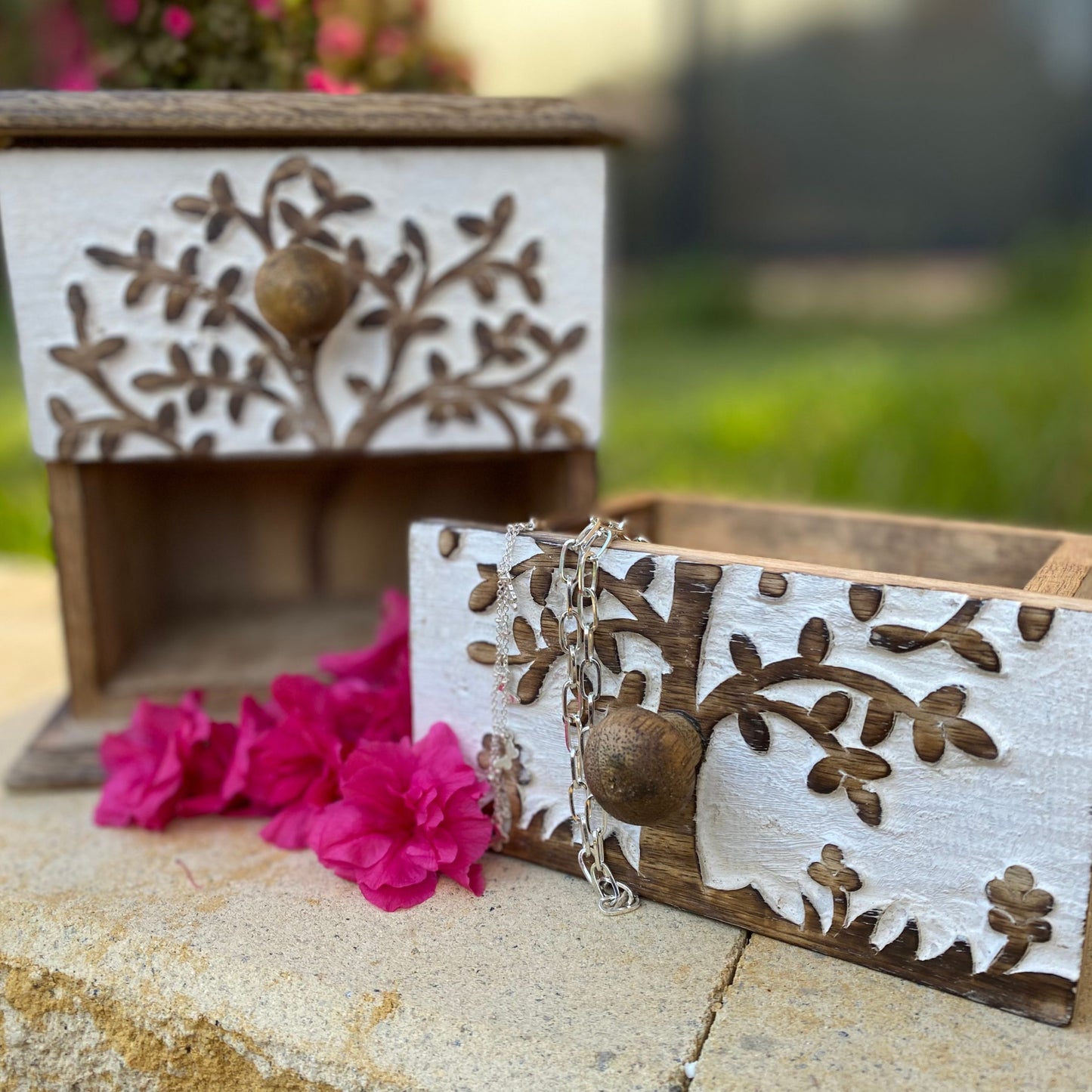 Tree of Life 2 Drawer Jewellery Box - Whitewashed, 19 cm Hgt - Aksa