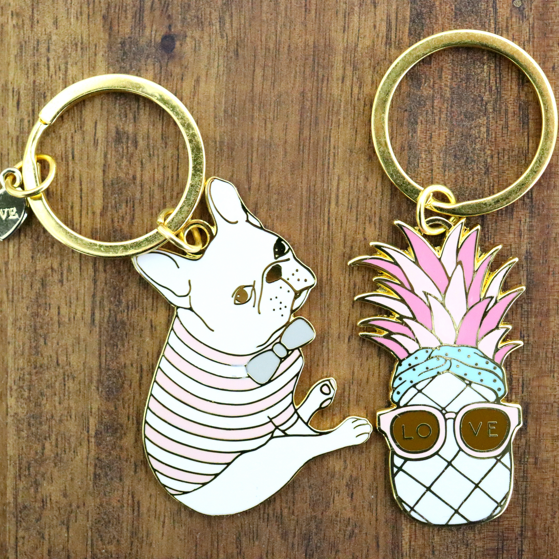 French Bulldog & Love Heart Keychain - Enamel Keyring, Quirky, Pink Striped Tee Frenchie with Bow