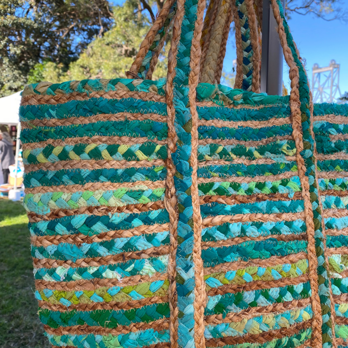 Handmade Repurposed Green Cloth & Jute Tote Bag - Aksa