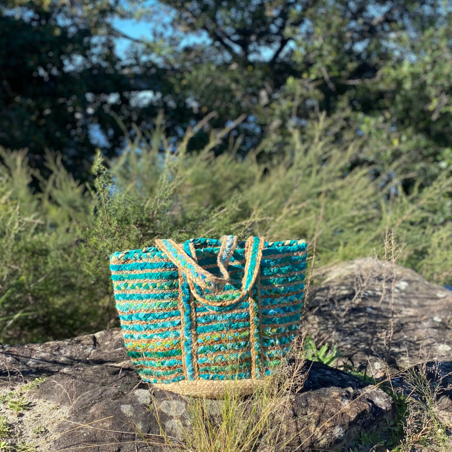 Handmade Repurposed Green Cloth & Jute Tote Bag - Aksa